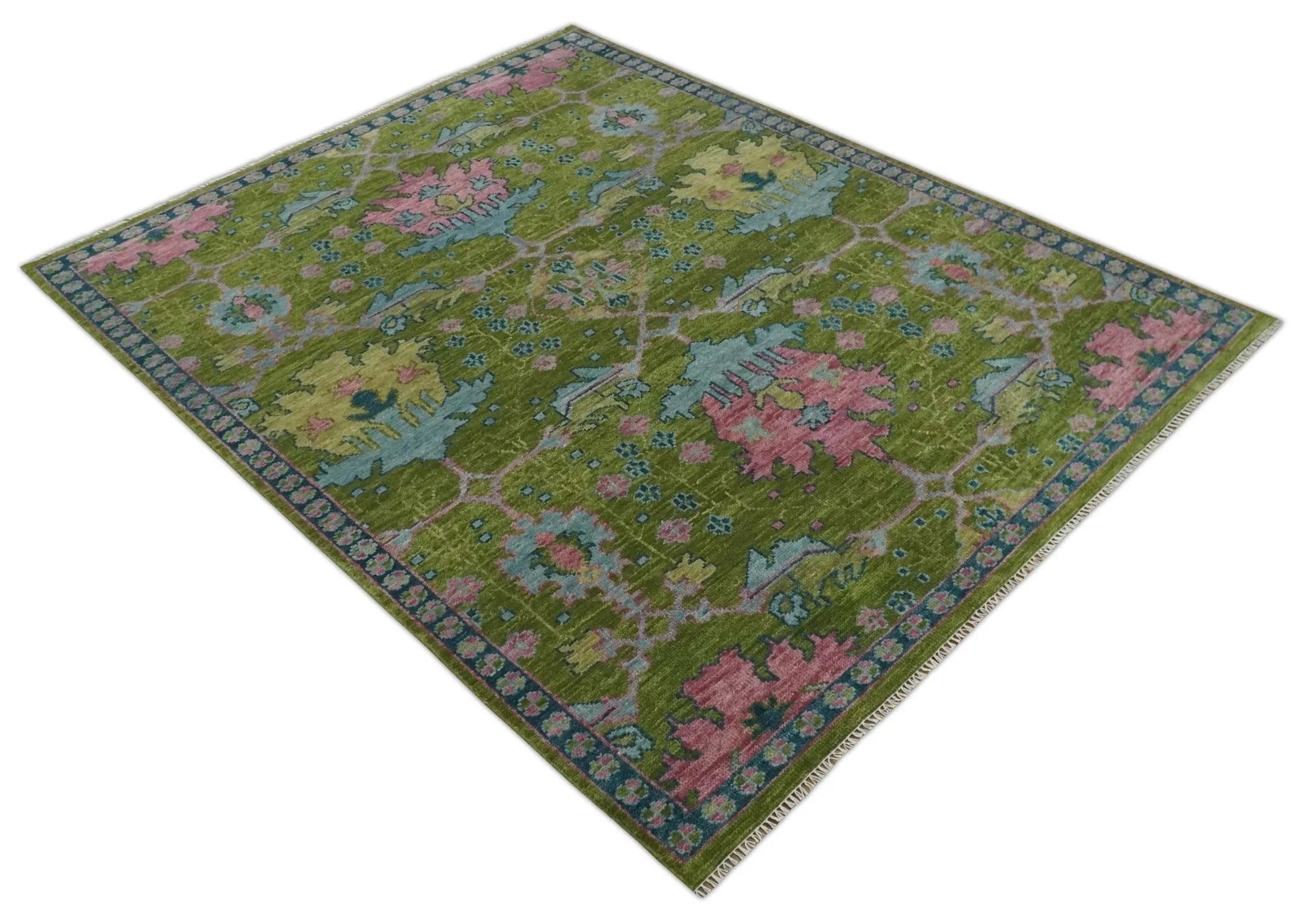 Moss Green and Peach Hand Knotted Vibrant colorful Donegal Design Multi Size Wool Area Rug