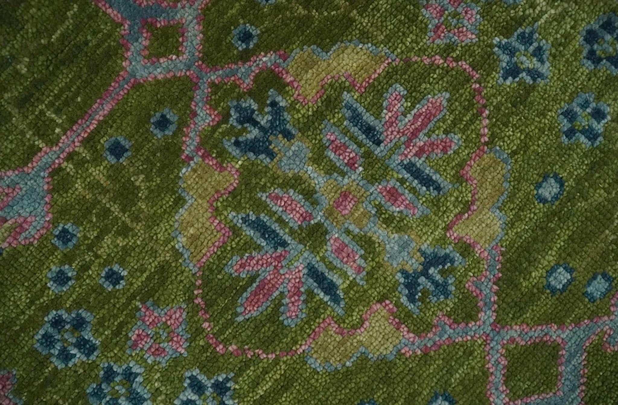 Moss Green and Peach Hand Knotted Vibrant colorful Donegal Design Multi Size Wool Area Rug