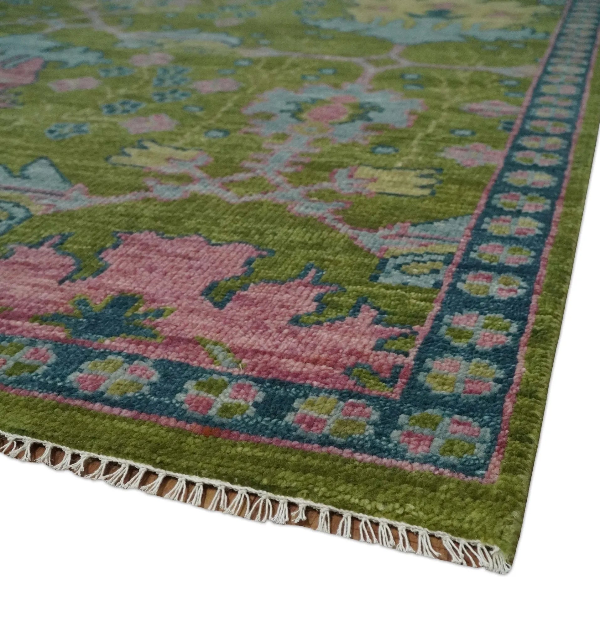 Moss Green and Peach Hand Knotted Vibrant colorful Donegal Design Multi Size Wool Area Rug