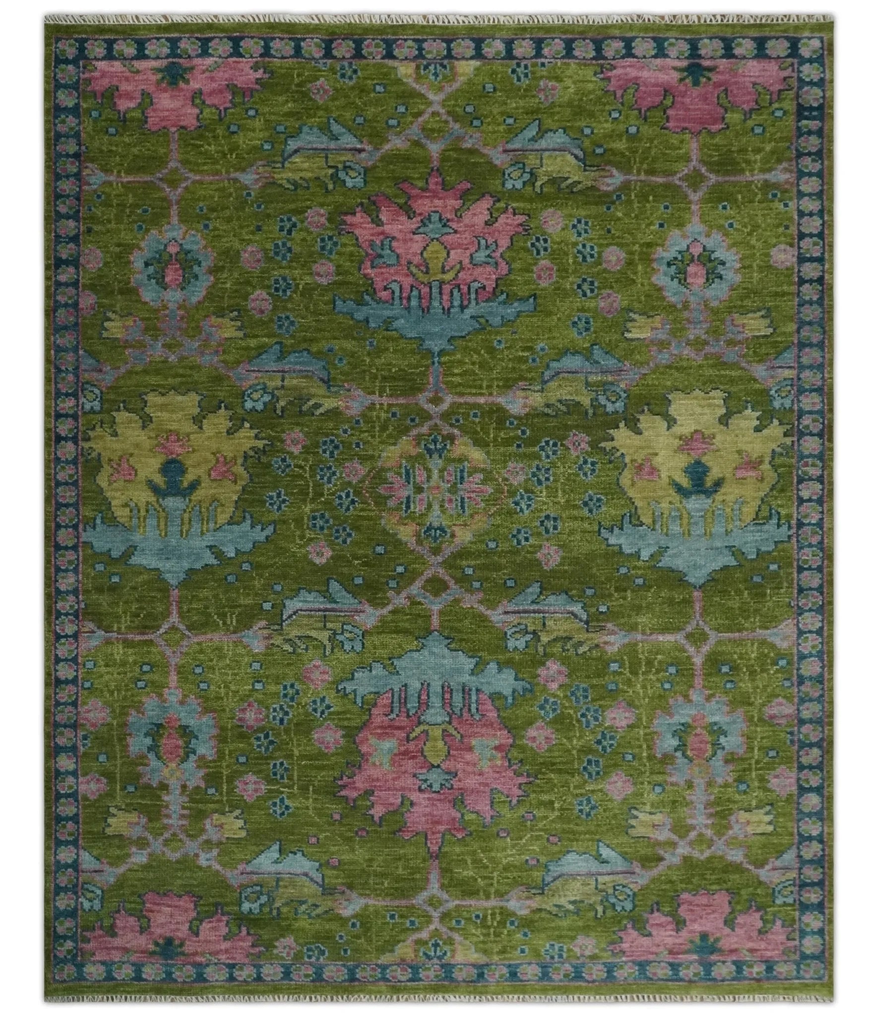 Moss Green and Peach Hand Knotted Vibrant colorful Donegal Design Multi Size Wool Area Rug