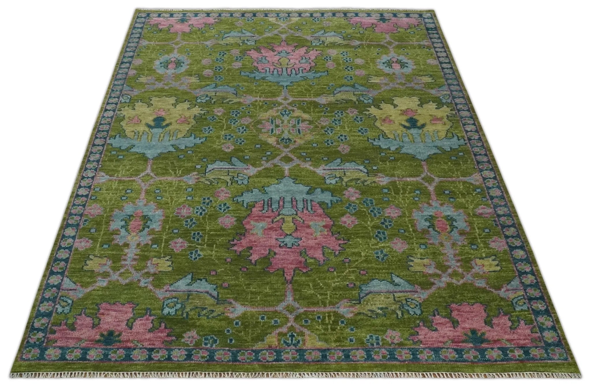 Moss Green and Peach Hand Knotted Vibrant colorful Donegal Design Multi Size Wool Area Rug