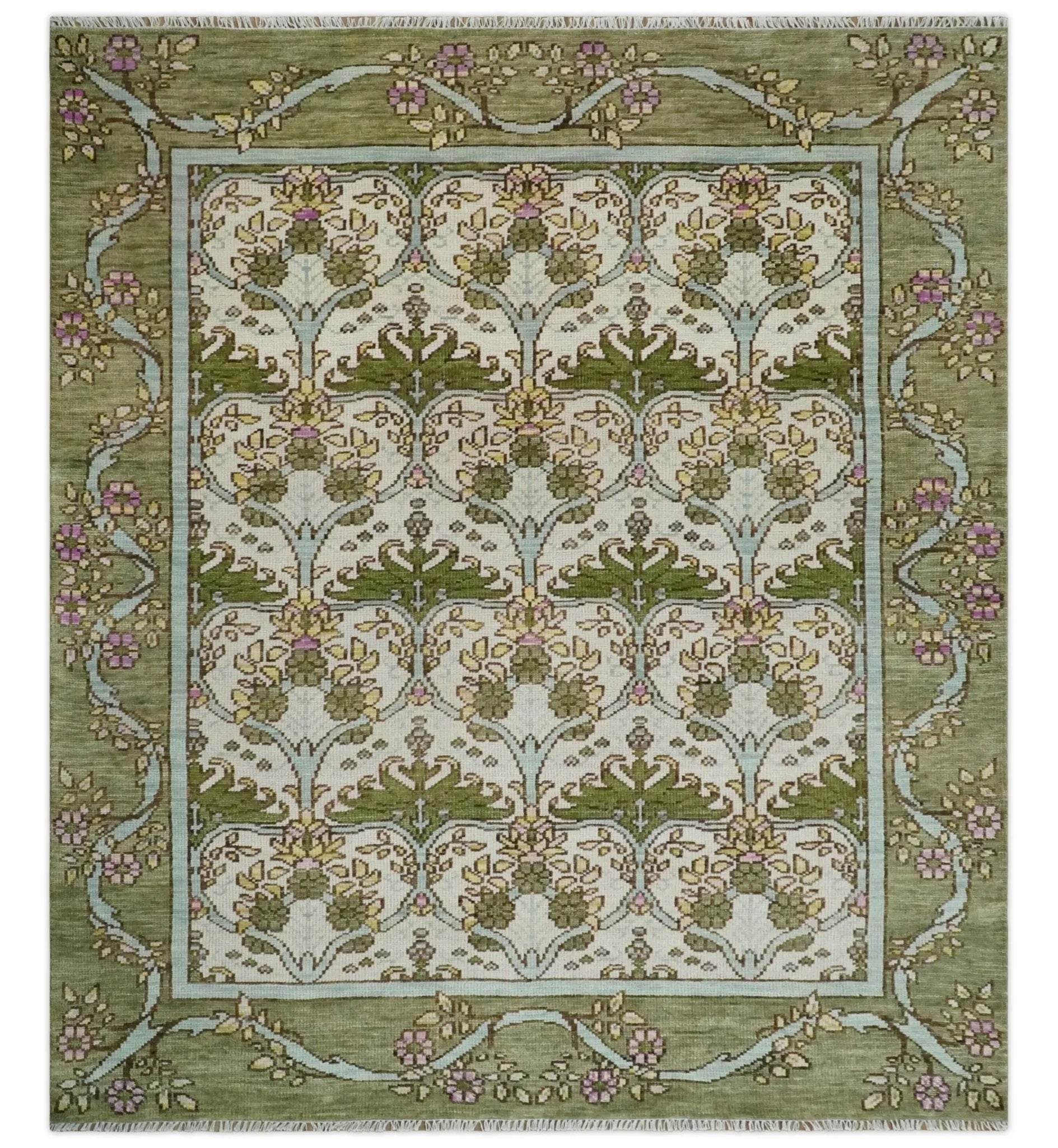 Custom Made Hand Knotted Ivory and Green Floral Traditional Antique Style Wool Area Rug