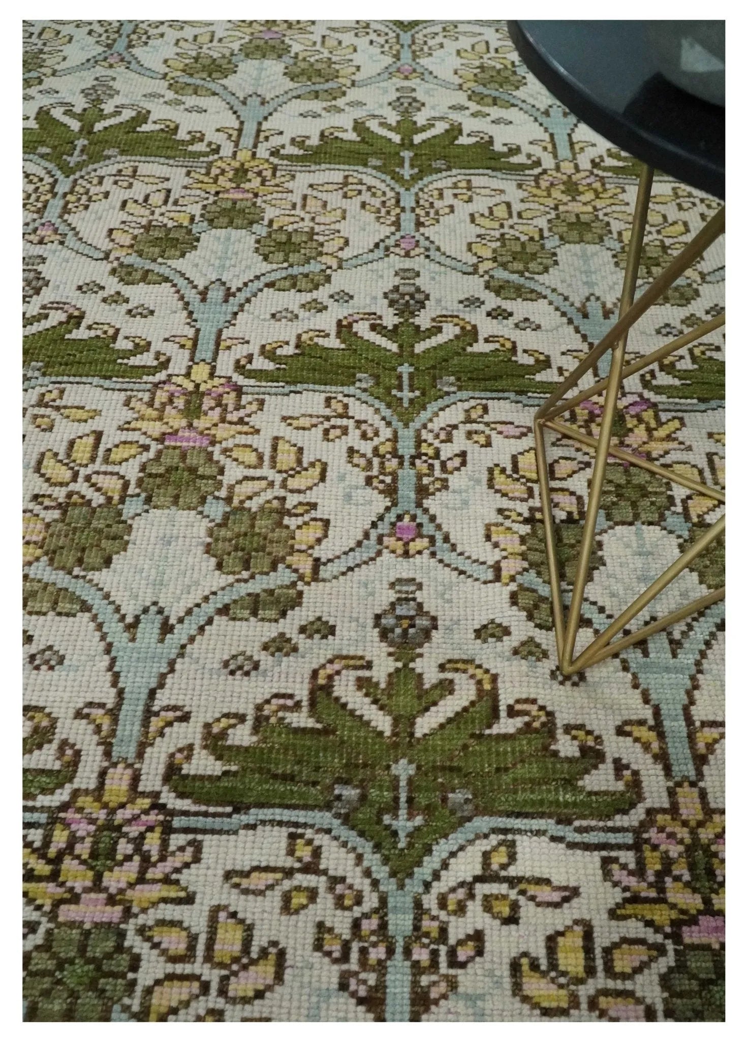 Custom Made Hand Knotted Ivory and Green Floral Traditional Antique Style Wool Area Rug