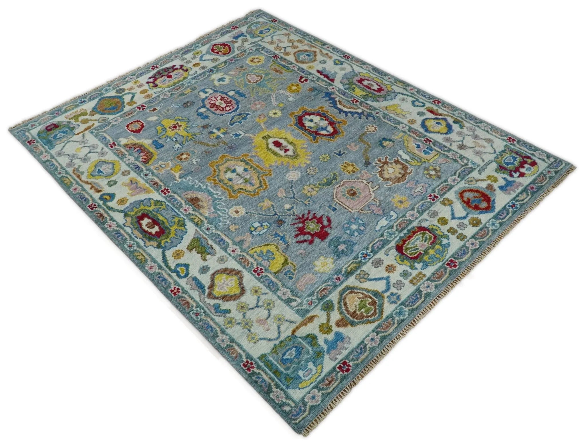 Traditional Blue and Ivory Vibrant Colorful Hand knotted Oushak Multi Size wool Area Rug