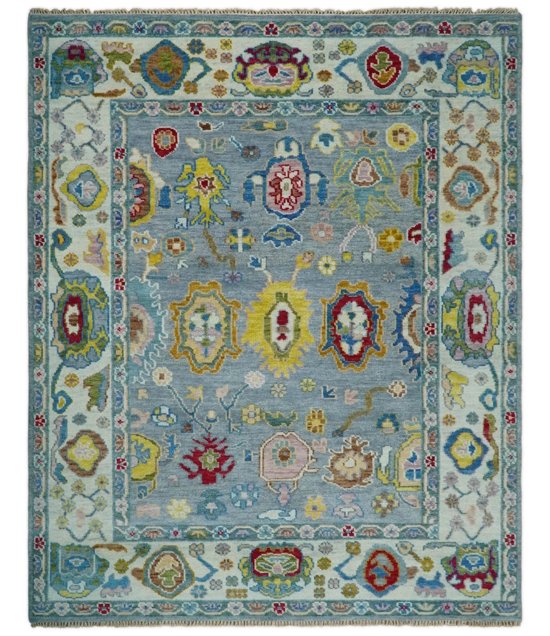 Traditional Blue and Ivory Vibrant Colorful Hand knotted Oushak Multi Size wool Area Rug