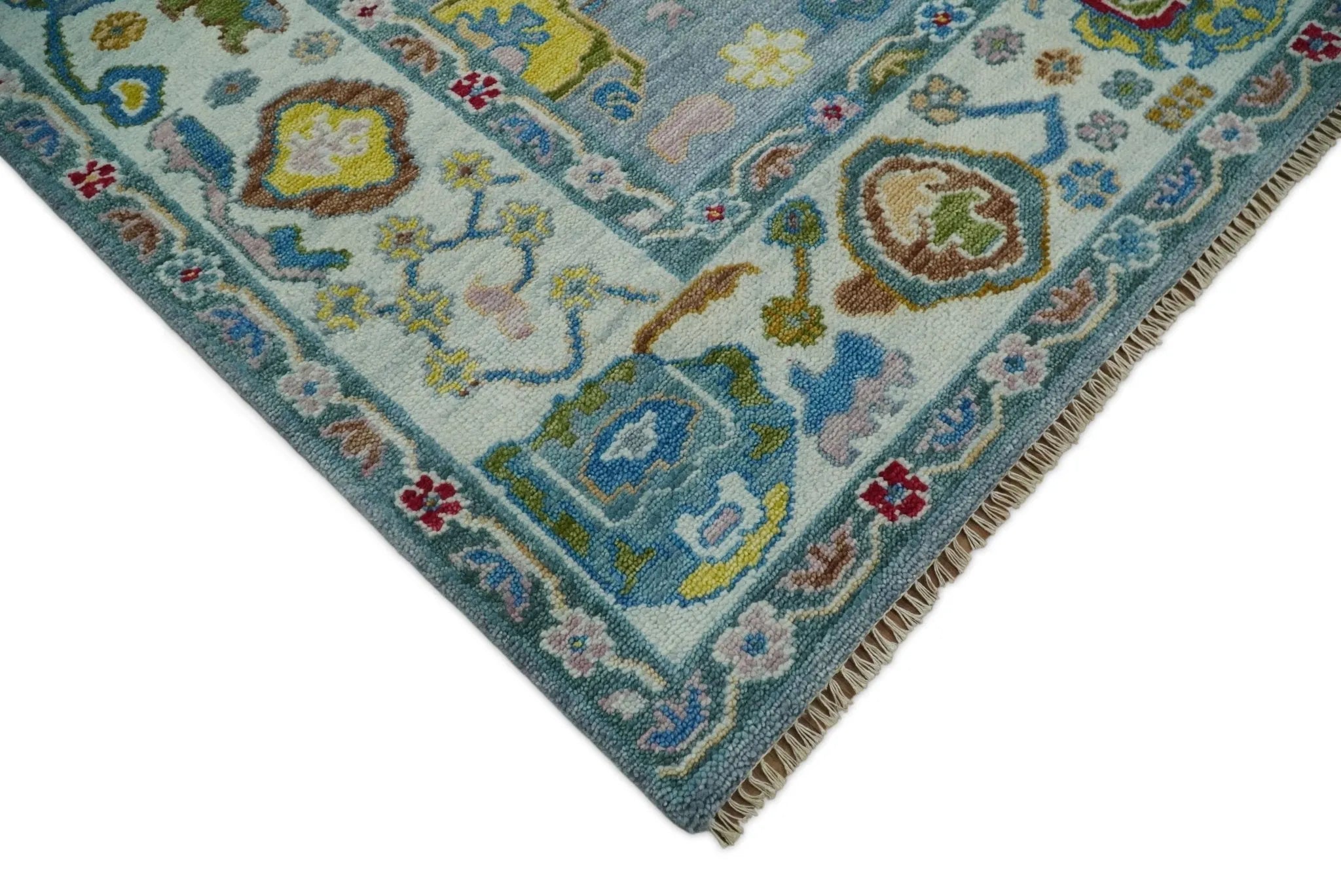 Traditional Blue and Ivory Vibrant Colorful Hand knotted Oushak Multi Size wool Area Rug