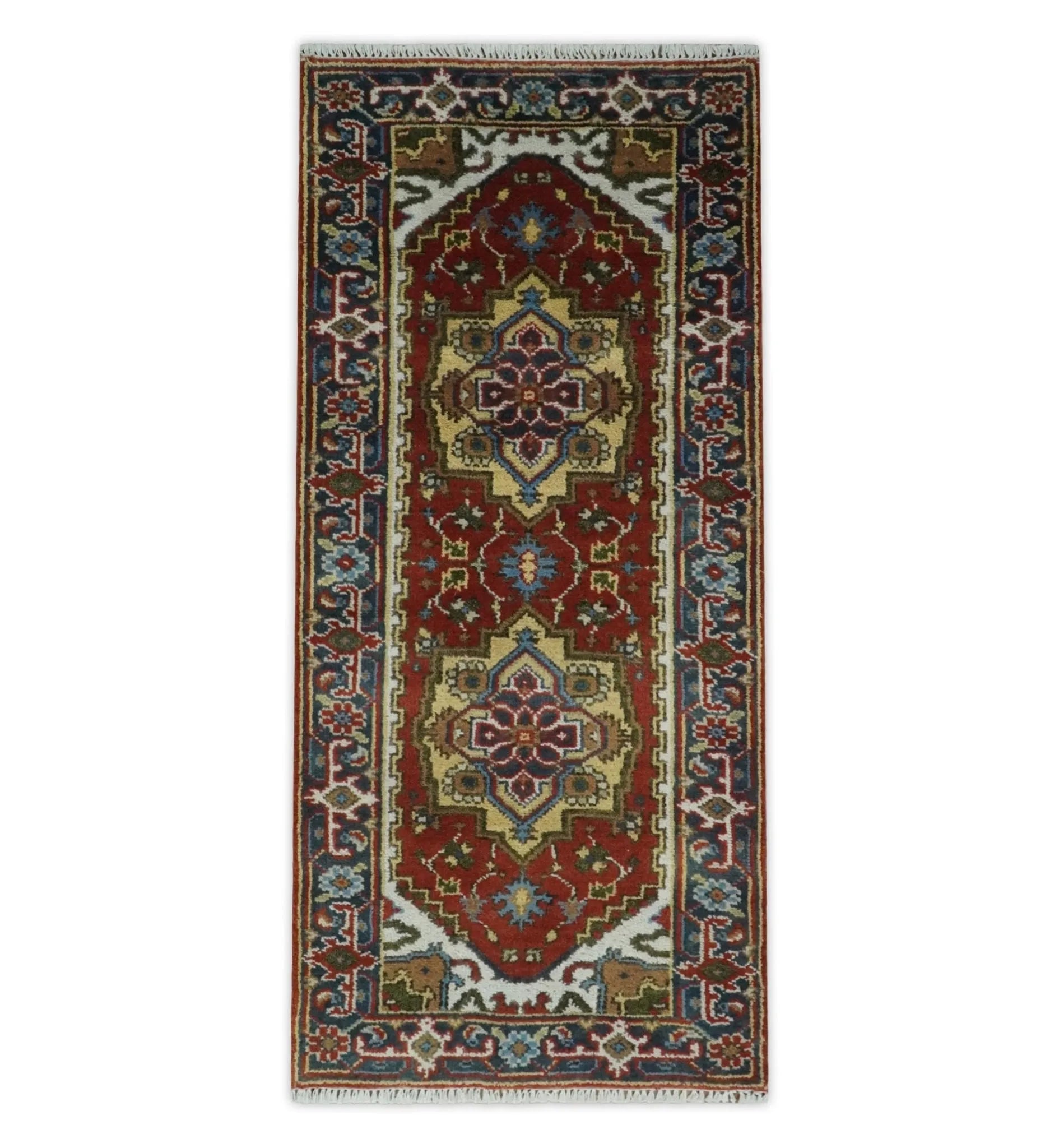 8x10 and 9x12 Hand Knotted Brown, Mustard, Ivory and Blue Traditional Wool Area Rug