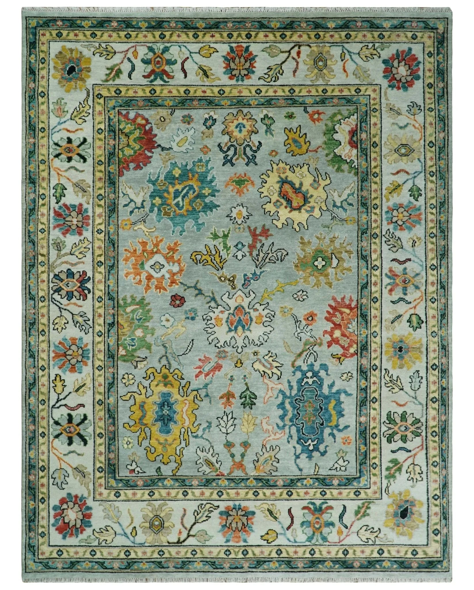 Vibrant Colorful Aqua, Ivory, Gold and Rust Hand Knotted Traditional Oushak Multi Size wool Area Rug