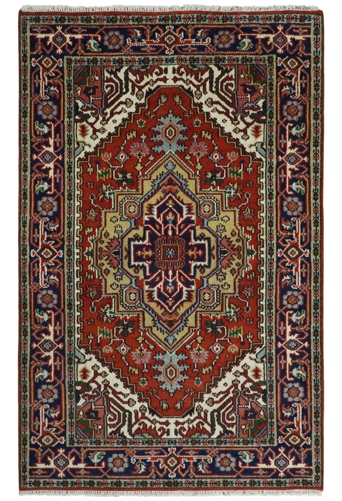 Hand Knotted Brown, Ivory and Blue Traditional Heriz Multi size Hand knotted Wool Area Rug