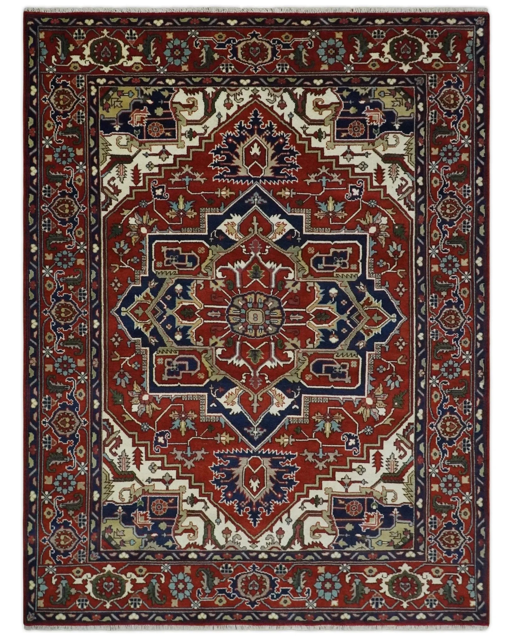 8x10 and 9x12 Traditional Rust, Ivory and Blue Hand knotted wool Area Rug