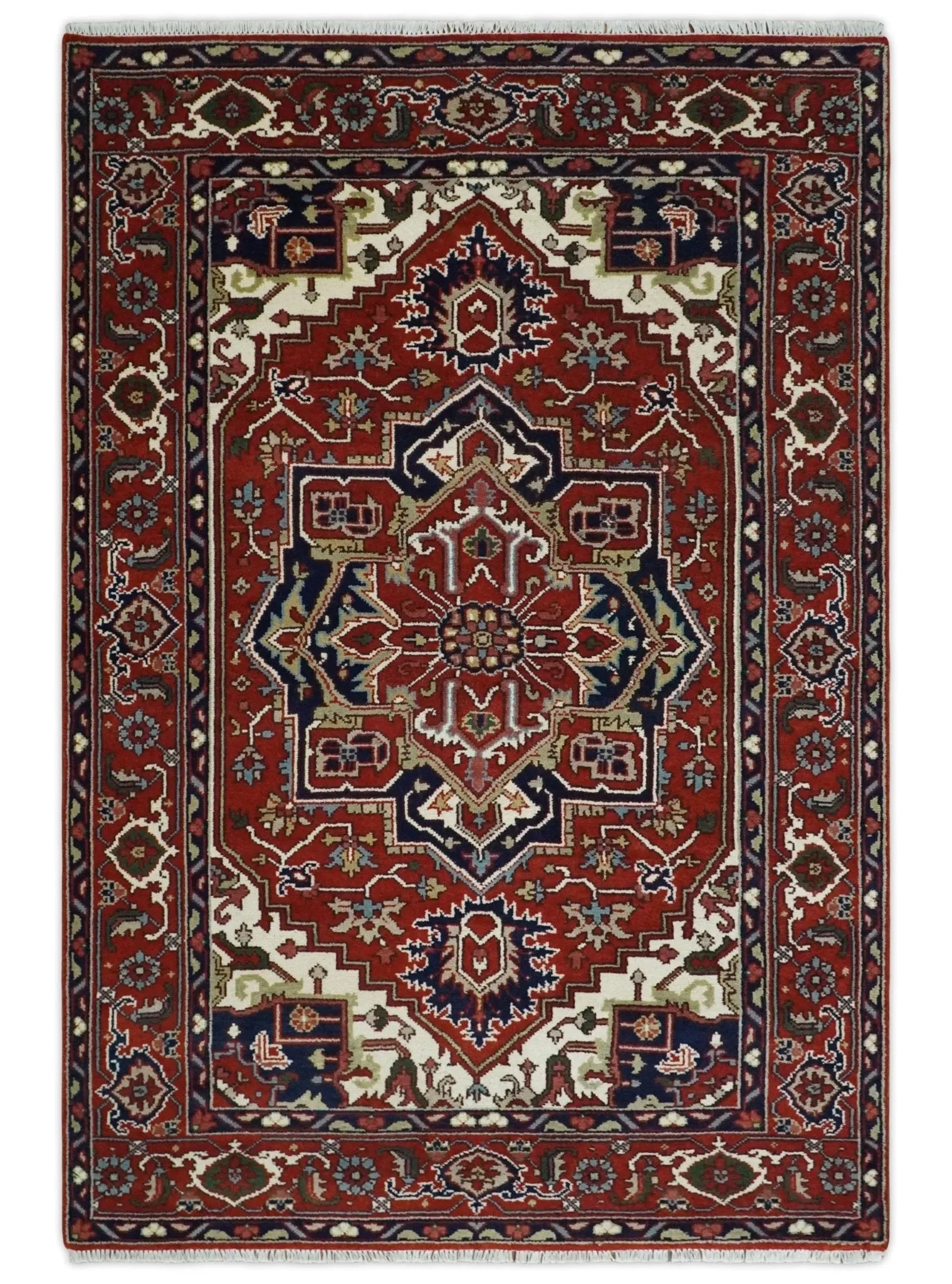 8x10 and 9x12 Traditional Rust, Ivory and Blue Hand knotted wool Area Rug