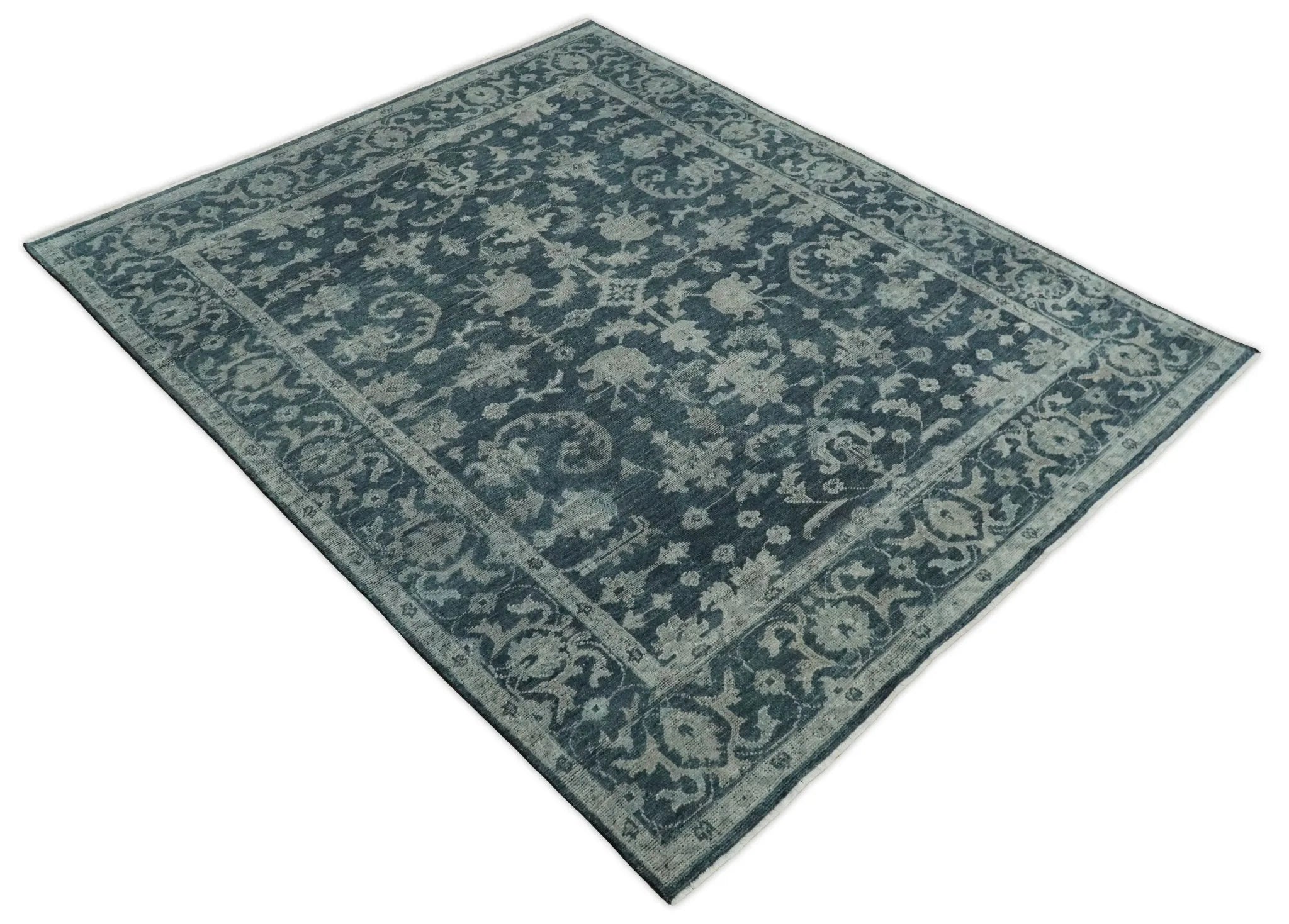 Antique Floral Distressed finished Hand Knotted Serapi Dark Teal and Beige Custom Made wool Area Rug