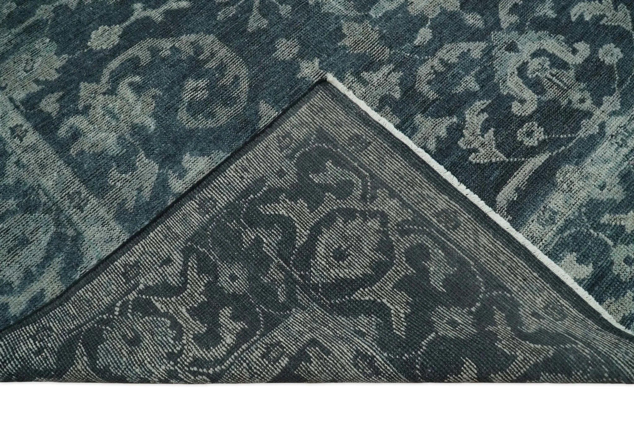 Antique Floral Distressed finished Hand Knotted Serapi Dark Teal and Beige Custom Made wool Area Rug