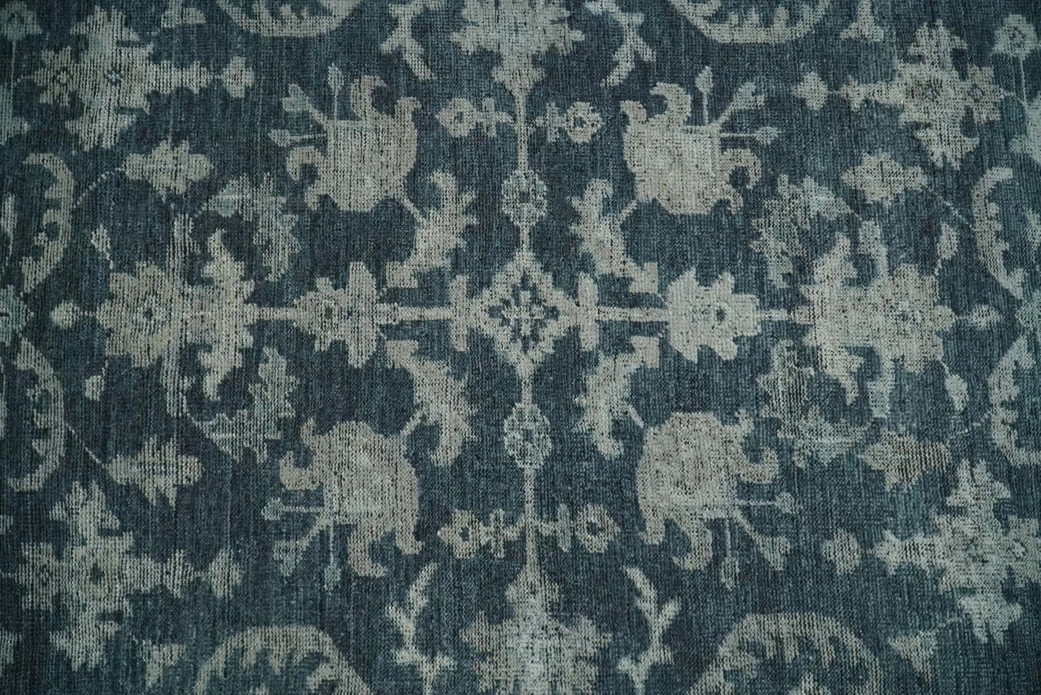 Antique Floral Distressed finished Hand Knotted Serapi Dark Teal and Beige Custom Made wool Area Rug