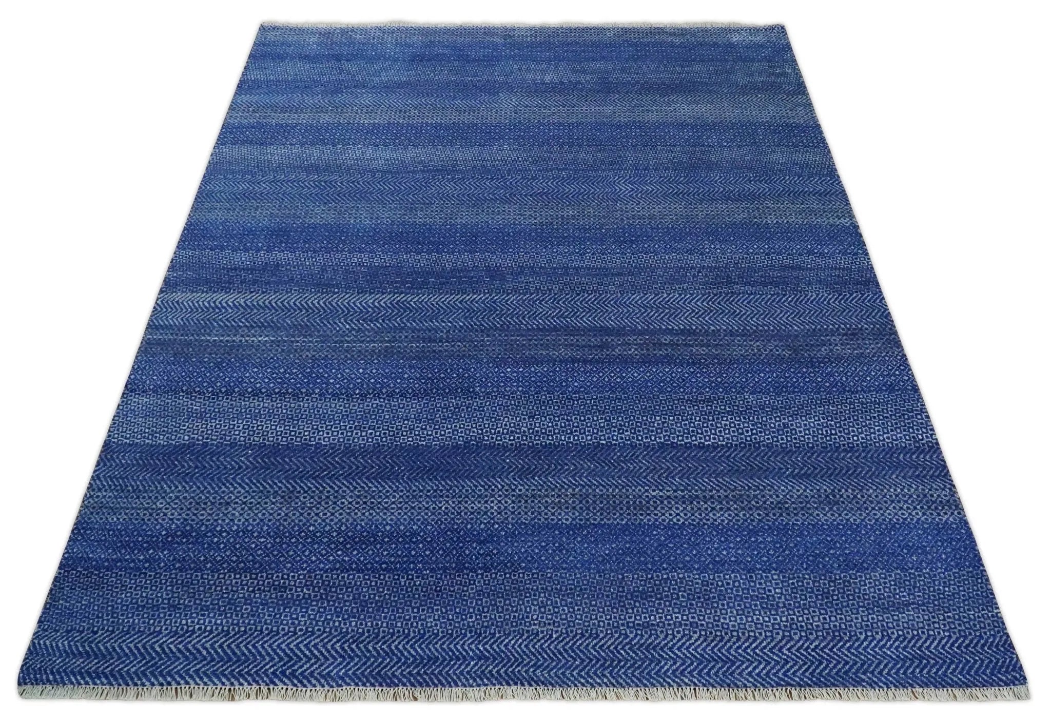 8x10 Blue and Gray Hand Knotted Modern Geometric Trellis Scandinavian Wool Area Rug | TRDCP935810