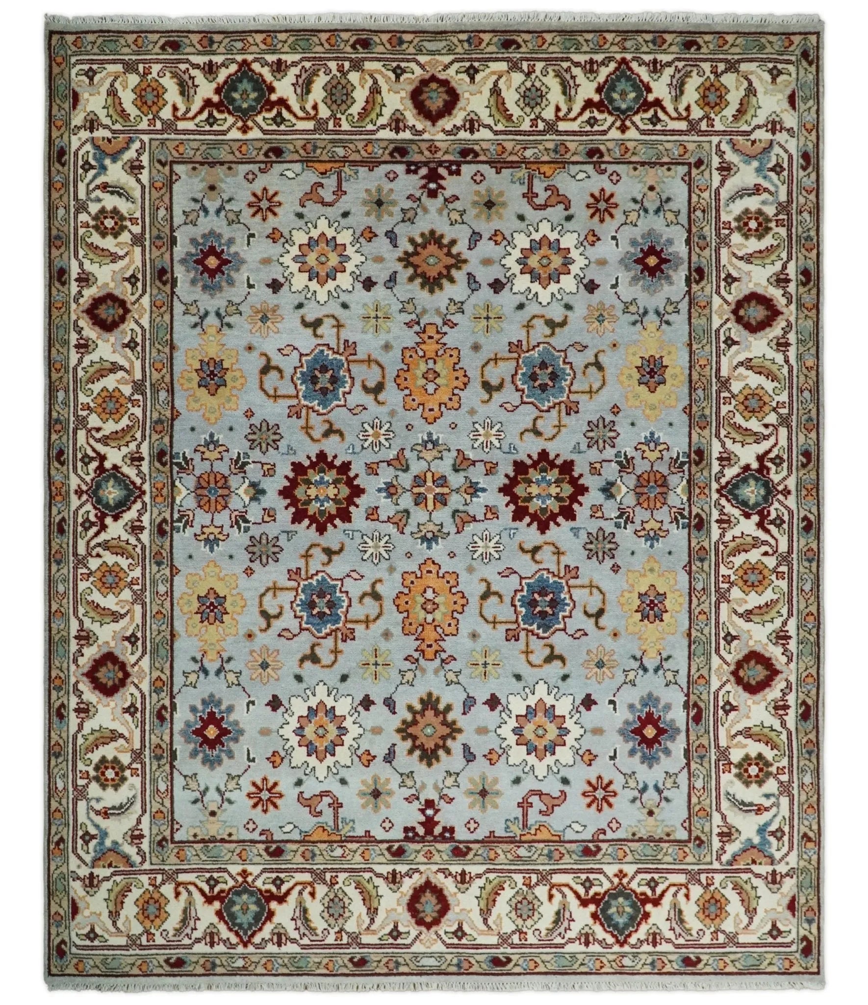 8x10 Blue and Ivory Hand Knotted Antique Turkish Oushak Large Wool Area Rug | TRDCP405810