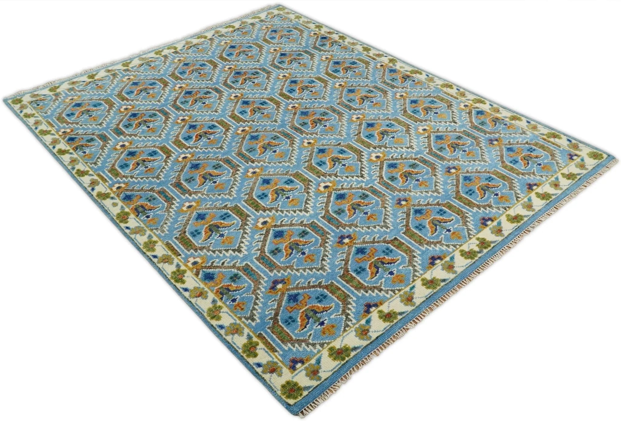 Blue, Brown and Beige Hand Knotted Wool Antique Vintage Style Multi size wool Area Rug