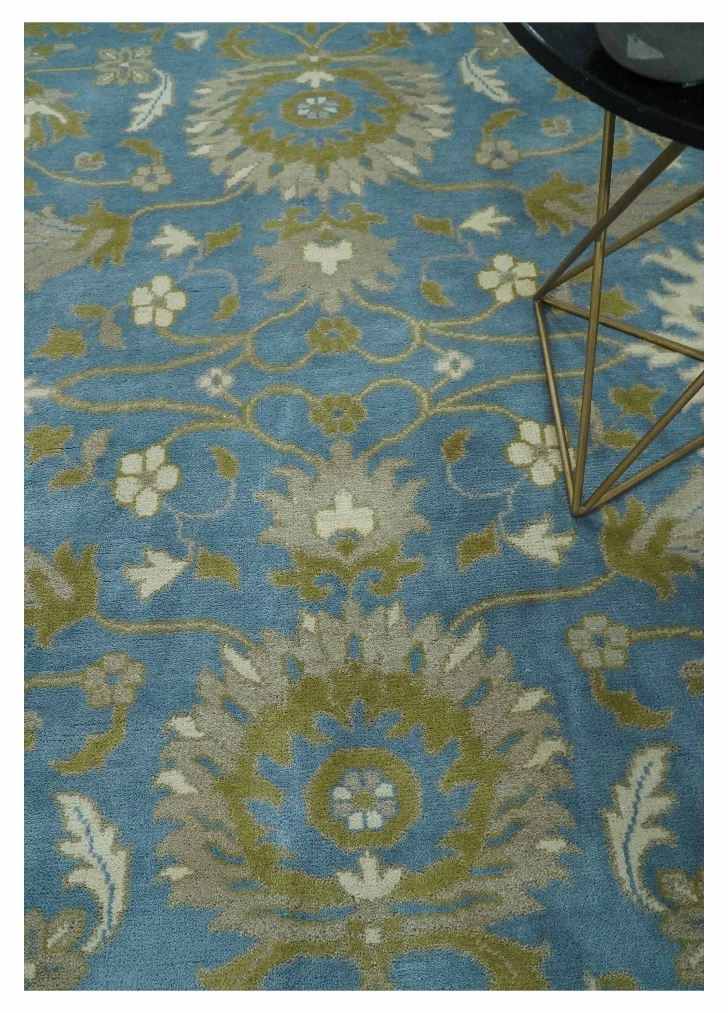 8x10 Blue, Ivory and Olive Hand Knotted Heriz Serapi Floral Area Rug | TRDCP1181810