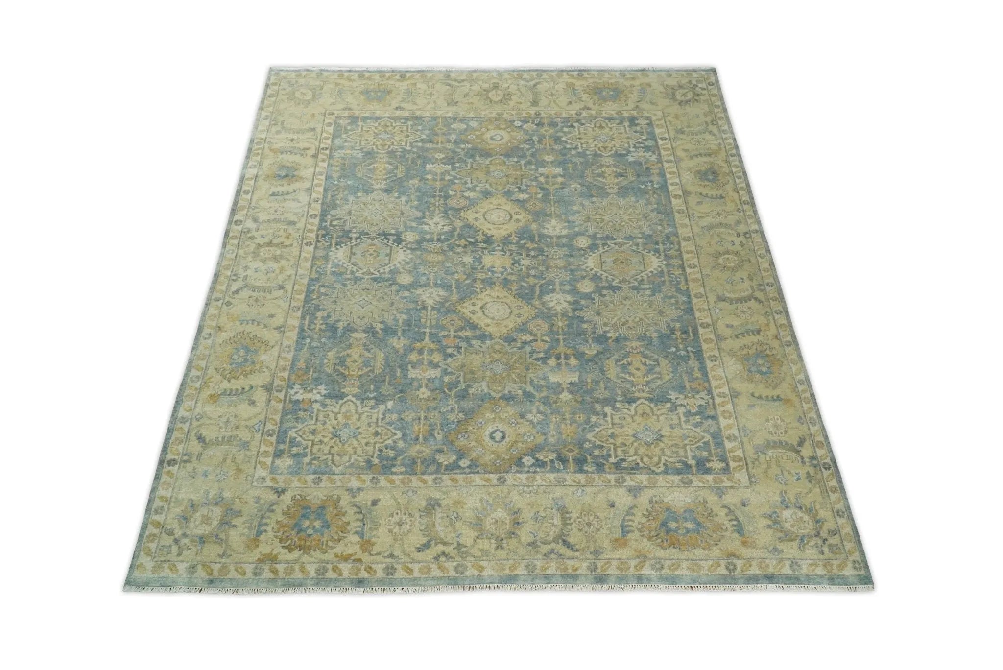 8x10 Fine Hand Knotted Teal and Beige Traditional Vintage Persian Style Mahal Antique Wool Rug | TRDCP496810