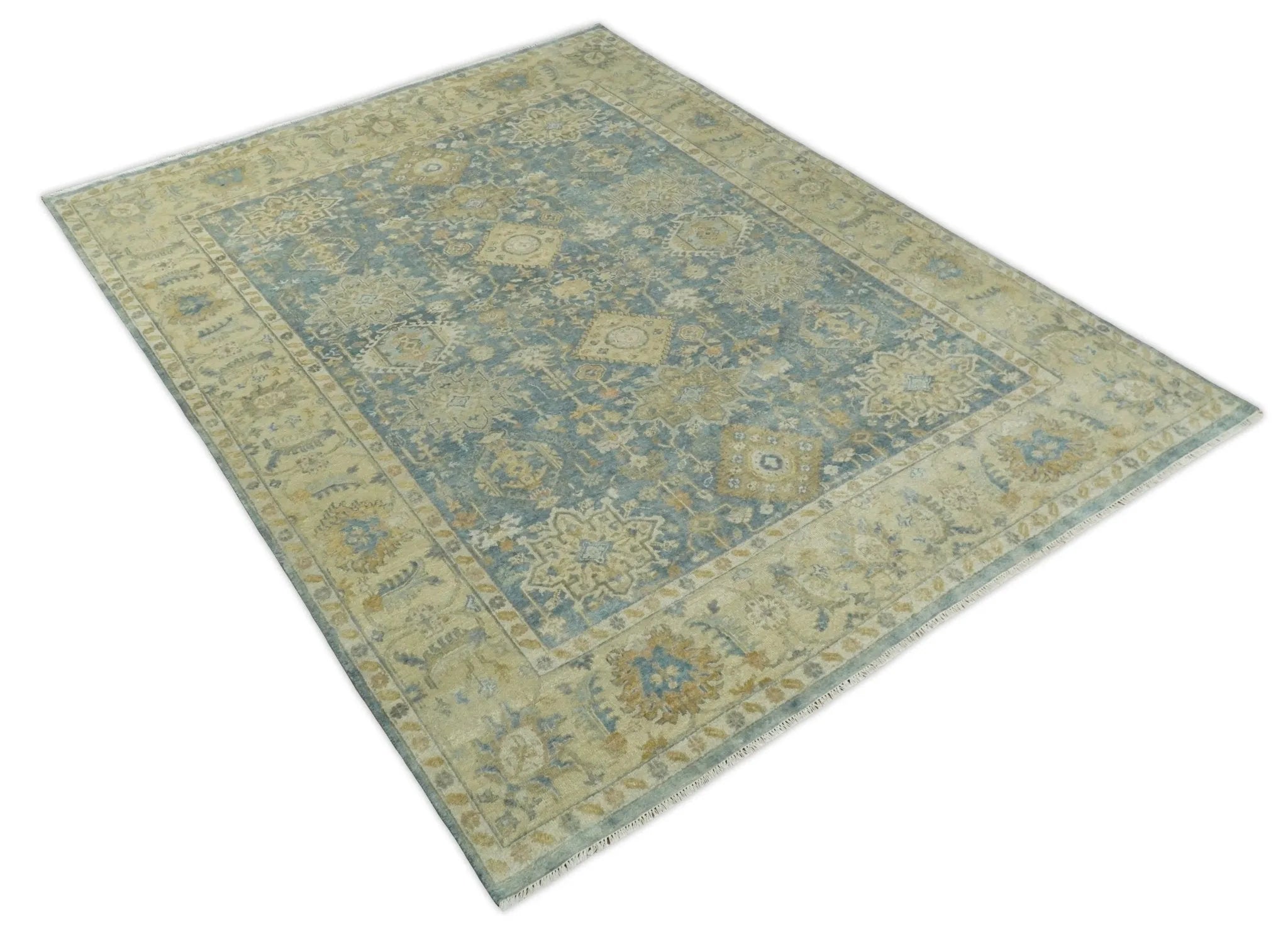 8x10 Fine Hand Knotted Teal and Beige Traditional Vintage Persian Style Mahal Antique Wool Rug | TRDCP496810