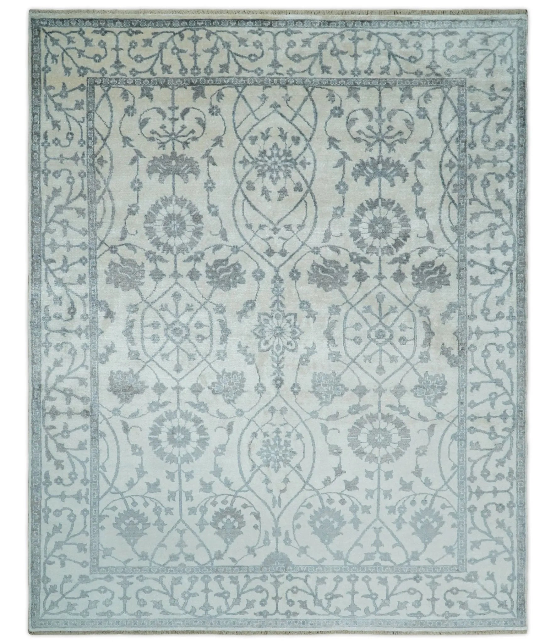 8x10 Fine Hand Knotted Blue, Gray and Brown Traditional Turkish Style Antique Bamboo Silk Rug | TRDCP503810