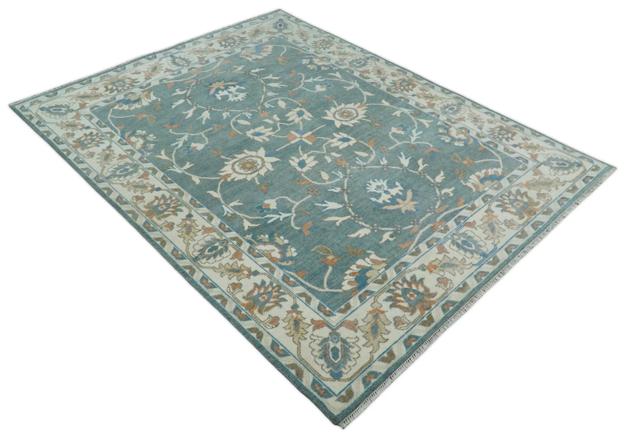 8x10 Hand Knotted Blue and Beige Traditional Vintage Turkish Oushak Antique Wool Rug | TRDCP756810