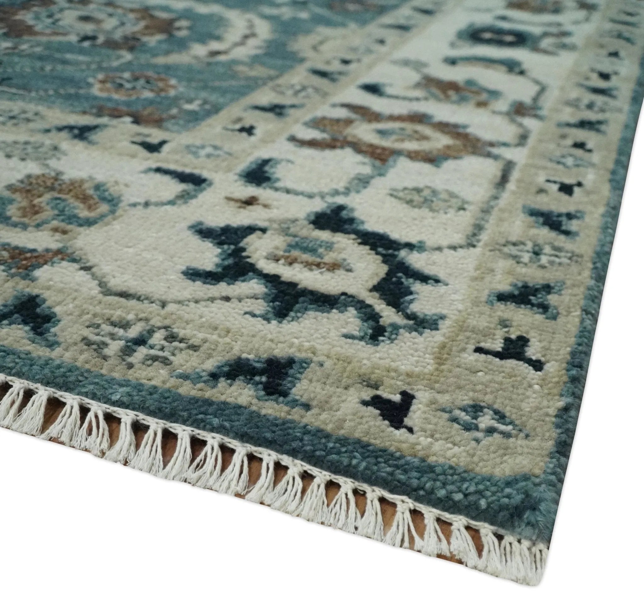 8x10 Hand Knotted Blue and Ivory Traditional Antique Style Wool Area Rug | TRDCP1600810S