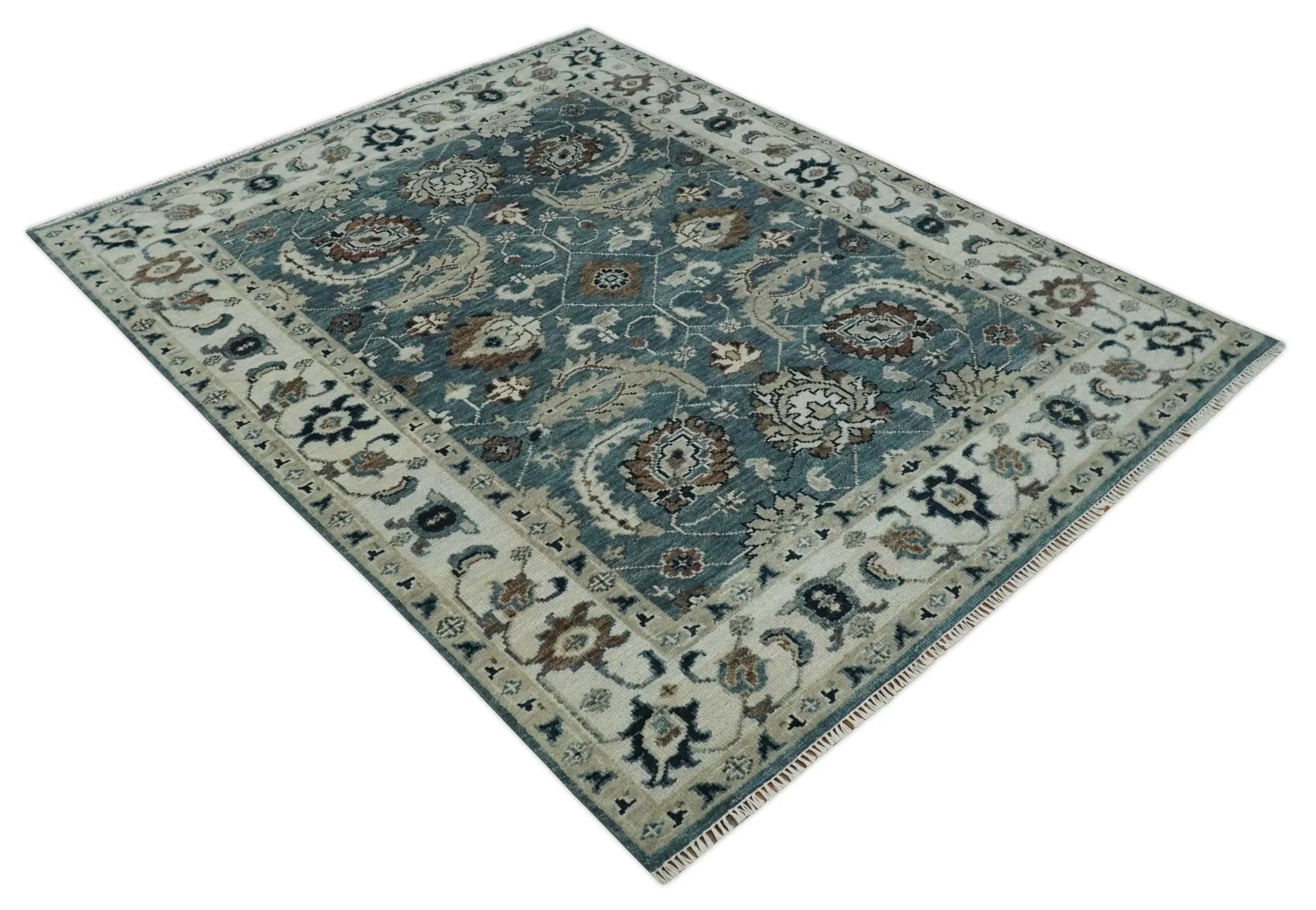 8x10 Hand Knotted Blue and Ivory Traditional Antique Style Wool Area Rug | TRDCP1600810S