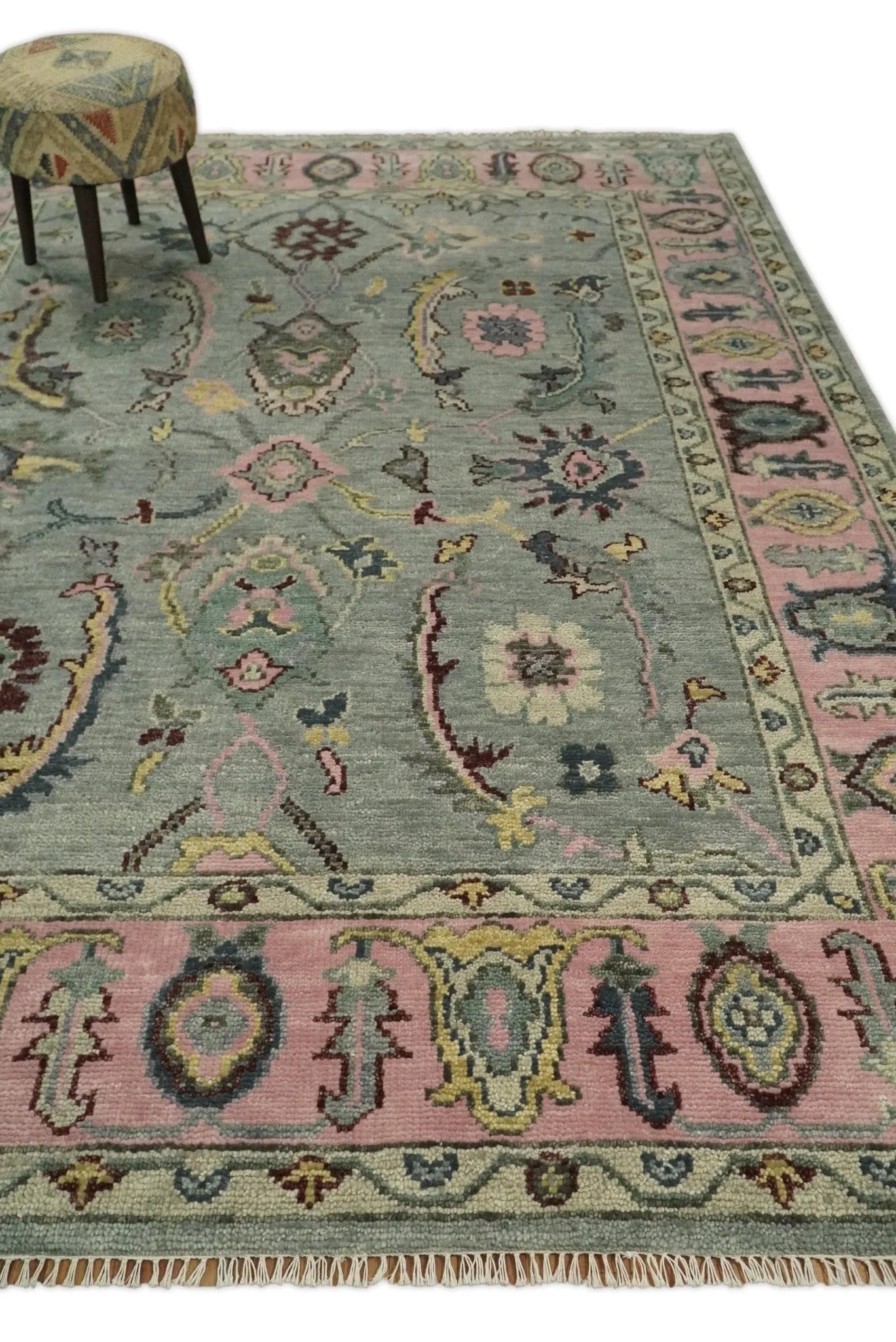 Antique Hand Knotted Green and Pink Traditional Oushak Multi Size Wool Area Rug