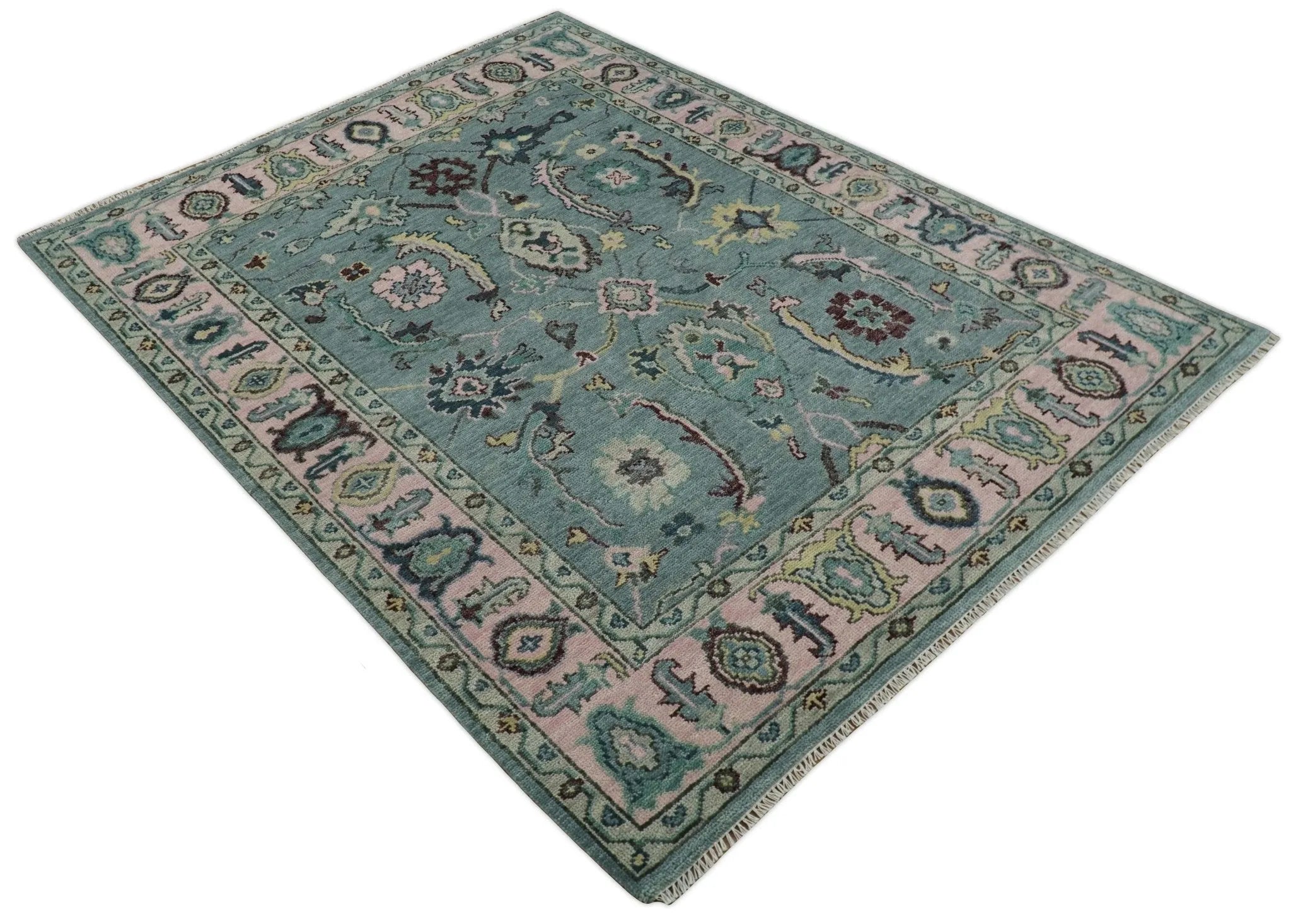 8x10 Hand Knotted Blue Green and Pink Traditional Persian Vintage Wool Rug | TRDCP771810