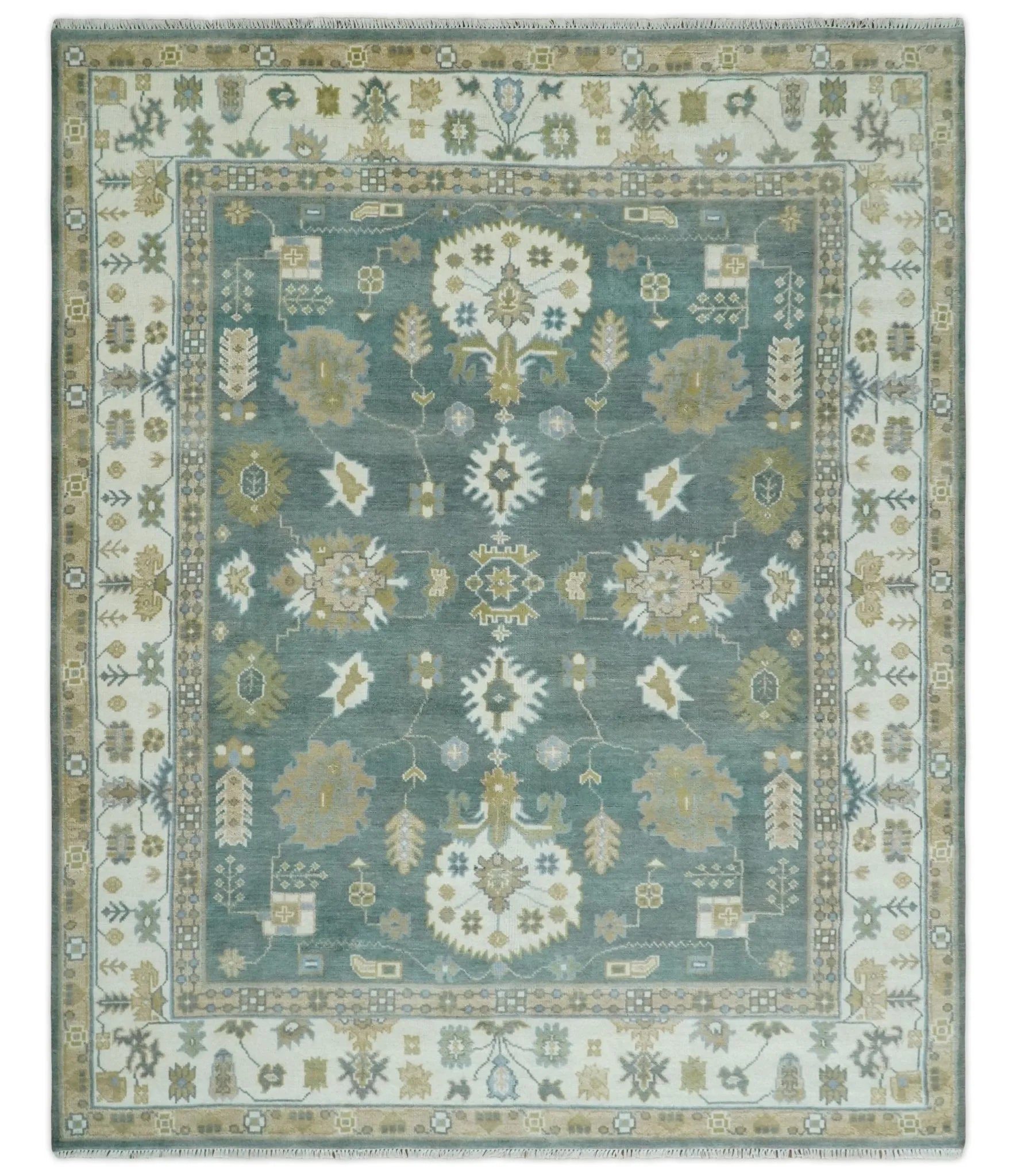 8x10 Hand Knotted Gray, Ivory and Olive Traditional Persian Oushak Wool Rug | TRDCP1107810