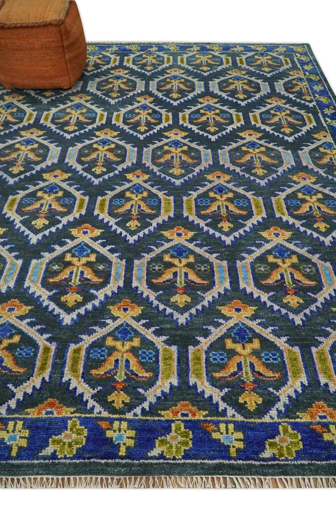 Hand Knotted Blue and Gold Vintage Style Custom Made wool Area Rug