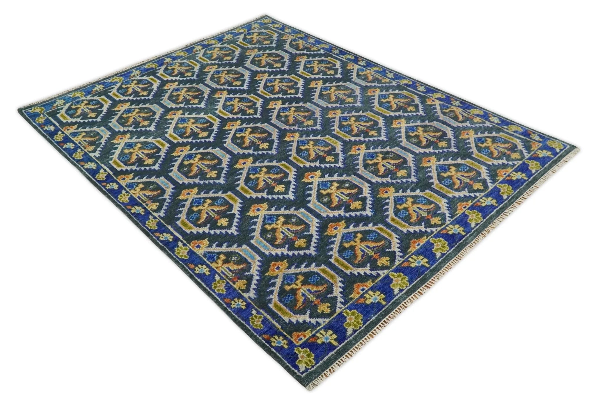 Hand Knotted Blue and Gold Vintage Style Custom Made wool Area Rug