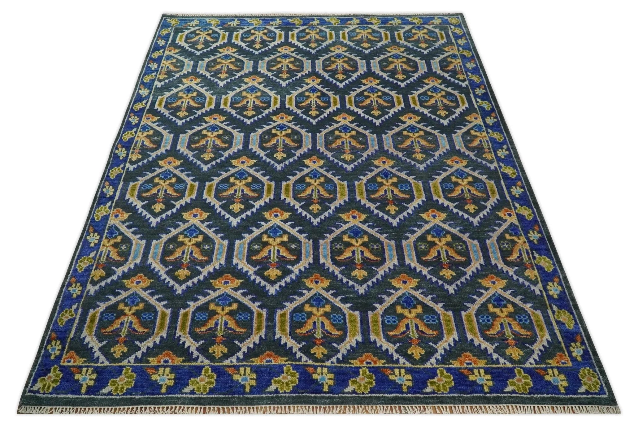 Hand Knotted Blue and Gold Vintage Style Custom Made wool Area Rug