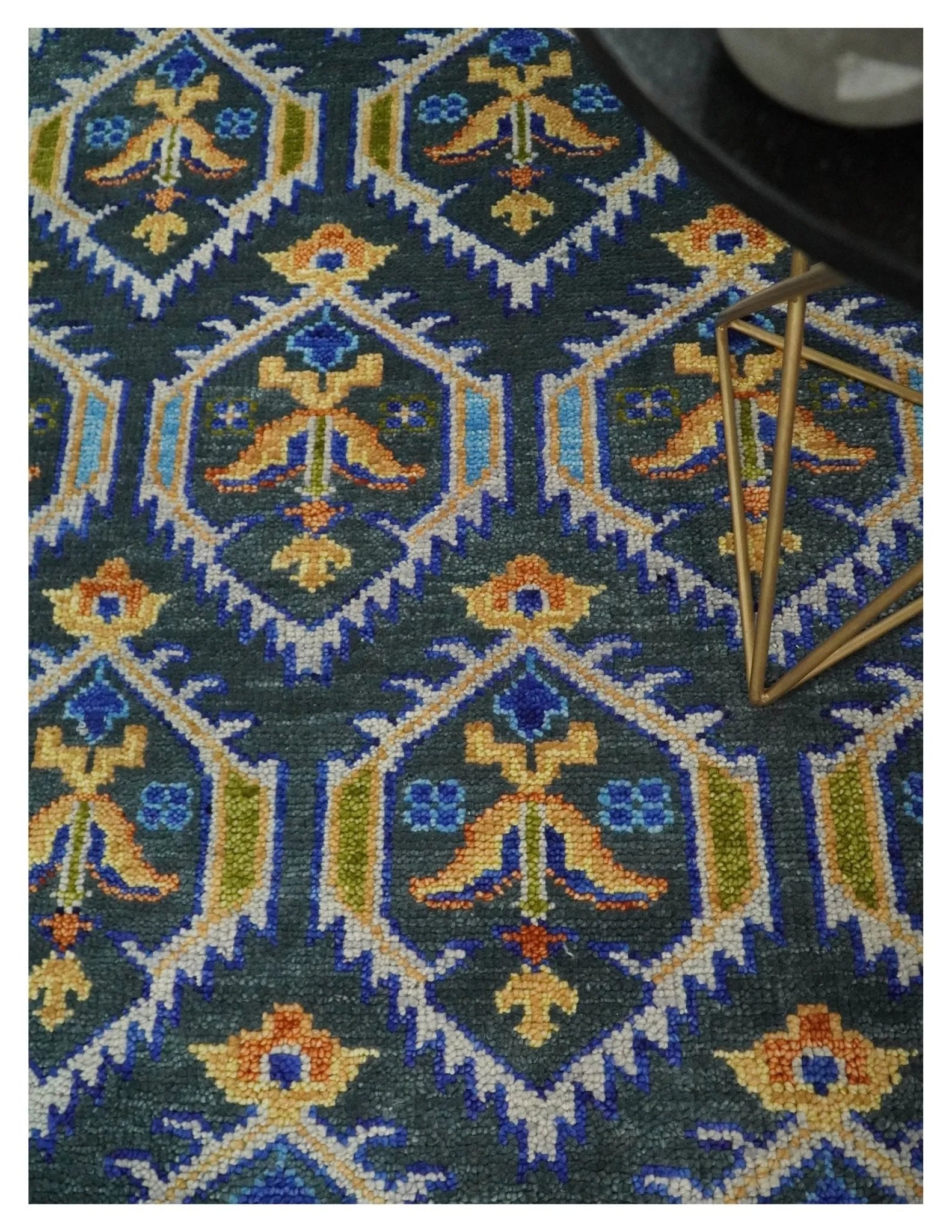 Hand Knotted Blue and Gold Vintage Style Custom Made wool Area Rug