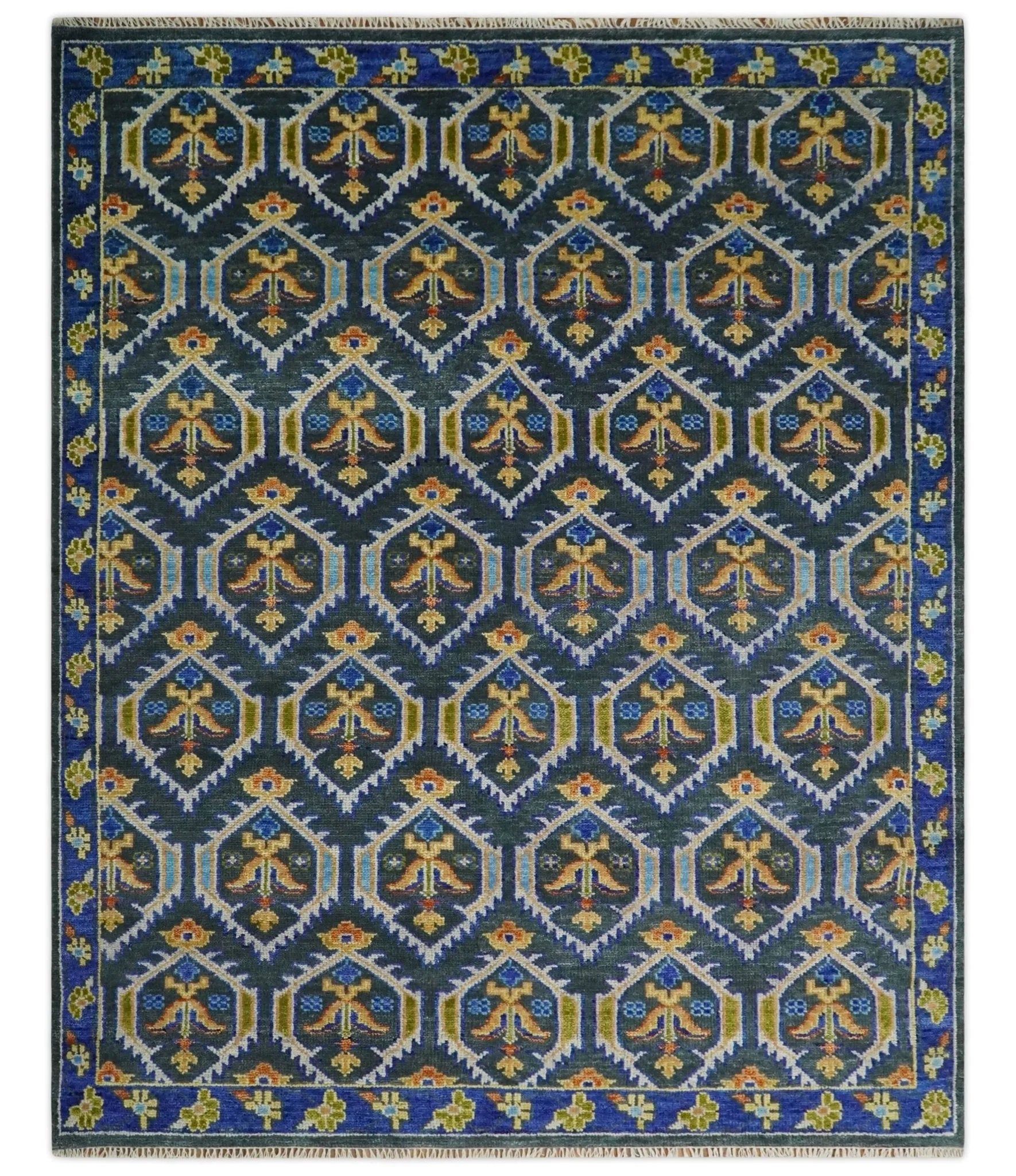 Hand Knotted Blue and Gold Vintage Style Custom Made wool Area Rug