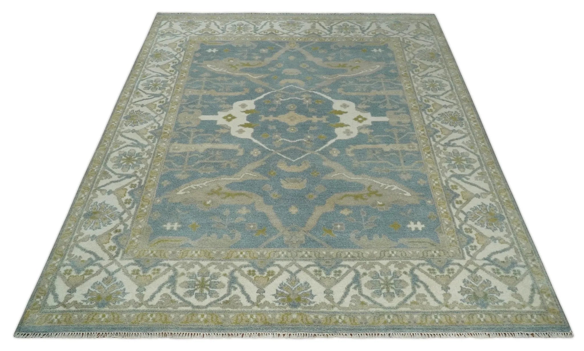 8x10 Hand Knotted Oriental Oushak Gray, Ivory and Beige Wool Area Rug | TRDCP1166810