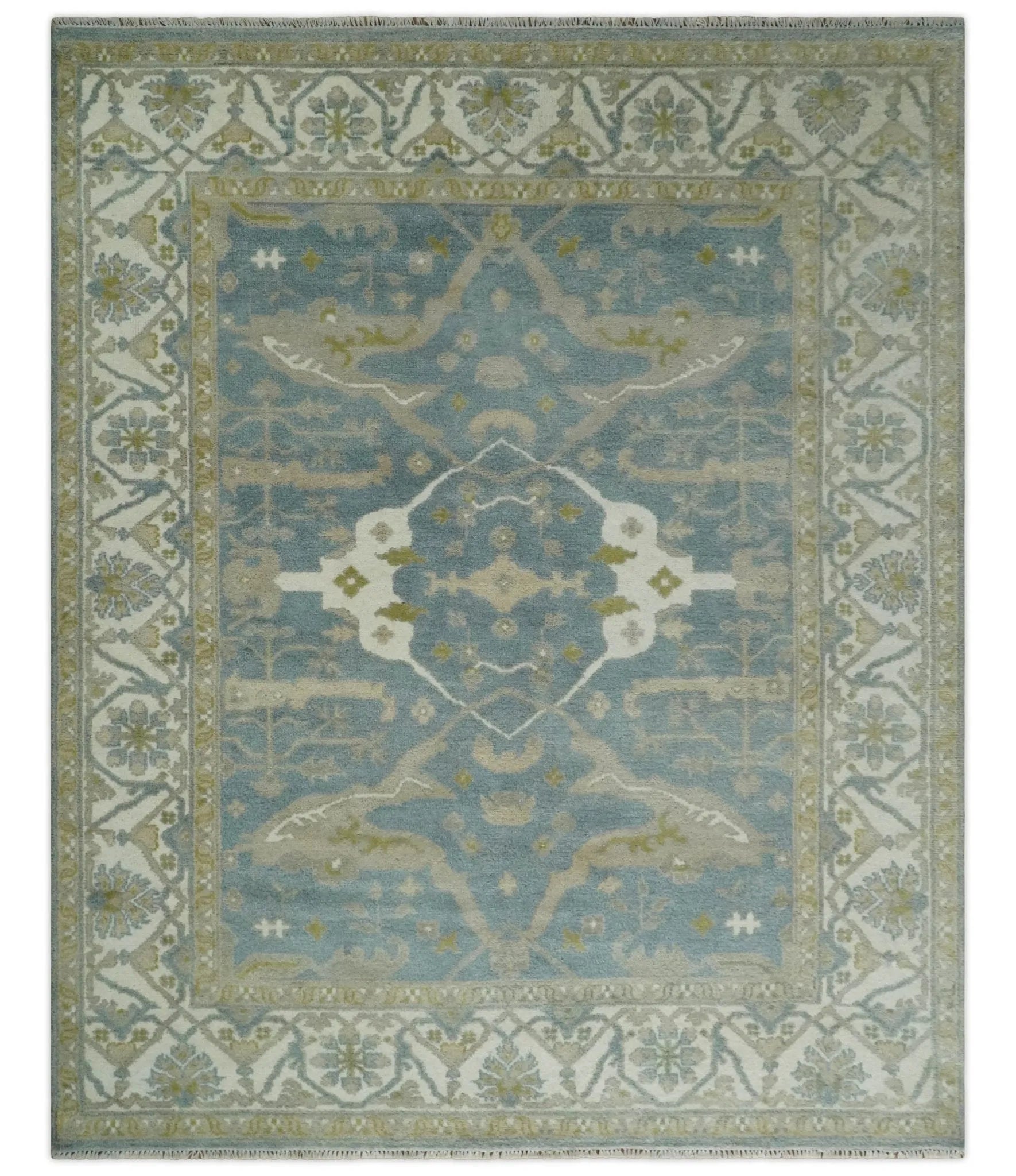 8x10 Hand Knotted Oriental Oushak Gray, Ivory and Beige Wool Area Rug | TRDCP1166810