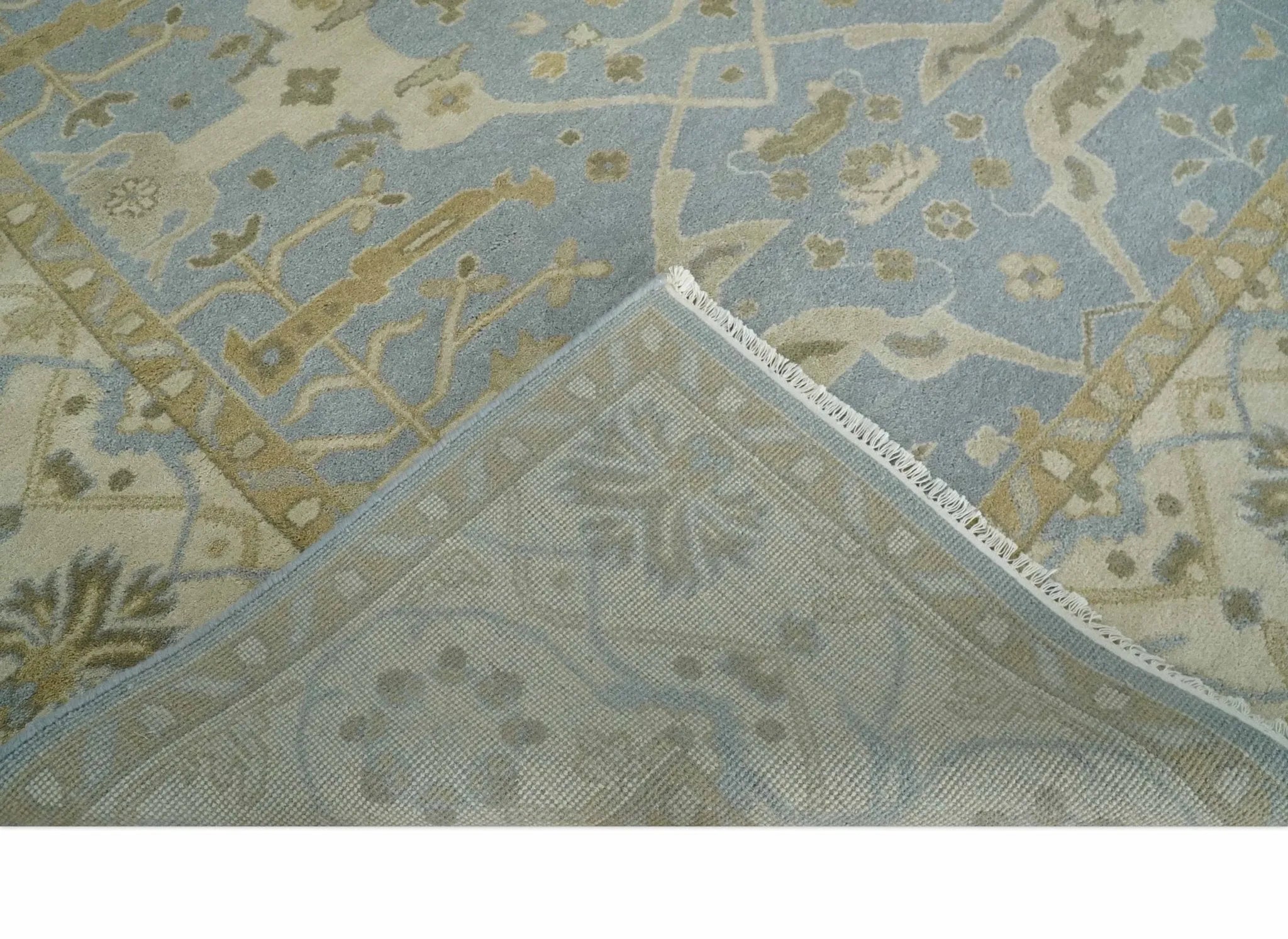 8x10 Hand Knotted Oriental Oushak Silver, Ivory and Beige Wool Area Rug | TRDCP1164810