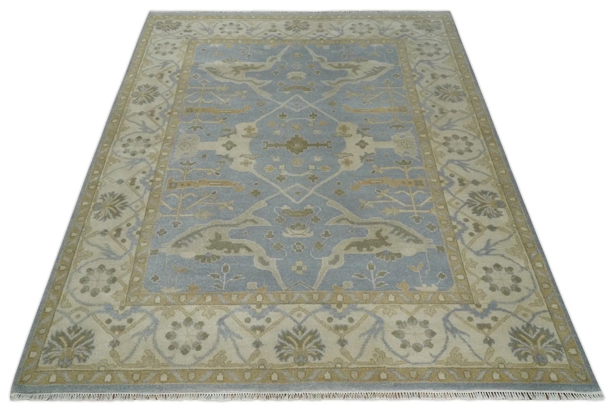 8x10 Hand Knotted Oriental Oushak Silver, Ivory and Beige Wool Area Rug | TRDCP1164810