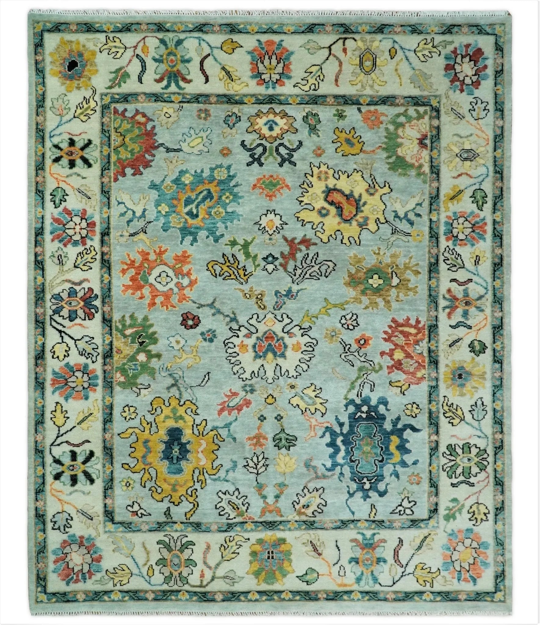 Vibrant Colorful Aqua, Ivory, Gold and Rust Hand Knotted Traditional Oushak Multi Size wool Area Rug