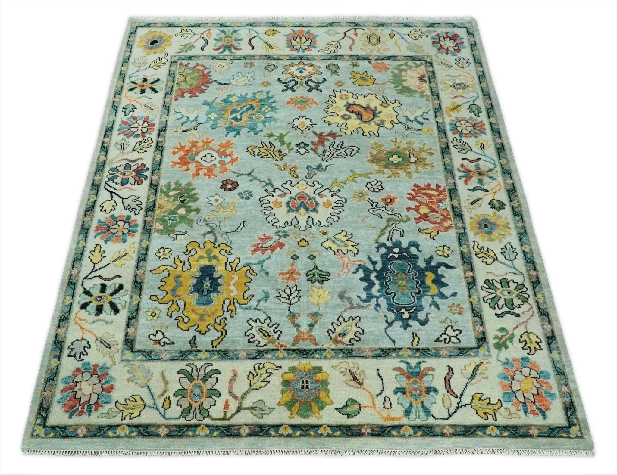 Vibrant Colorful Aqua, Ivory, Gold and Rust Hand Knotted Traditional Oushak Multi Size wool Area Rug