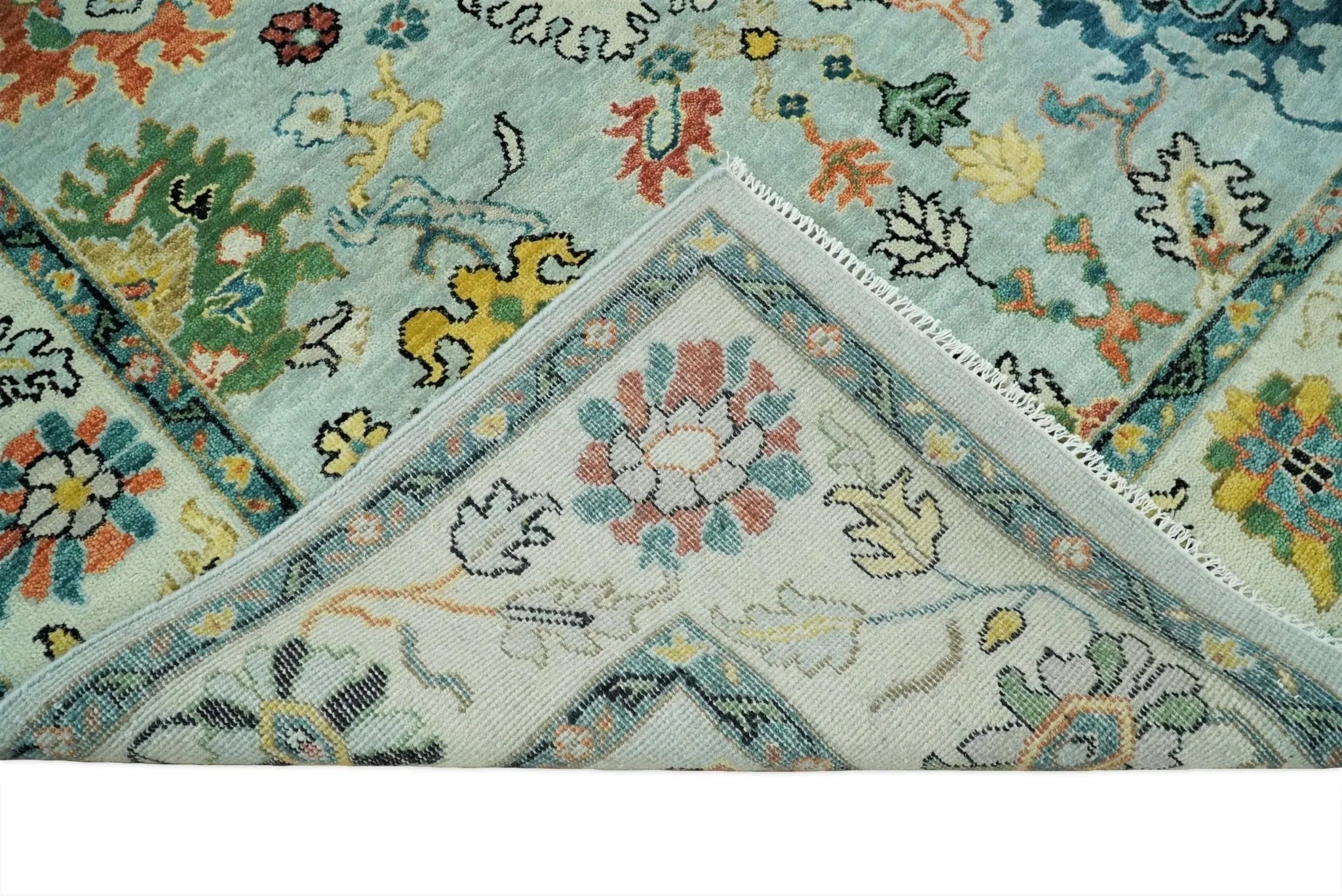 Vibrant Colorful Aqua, Ivory, Gold and Rust Hand Knotted Traditional Oushak Multi Size wool Area Rug