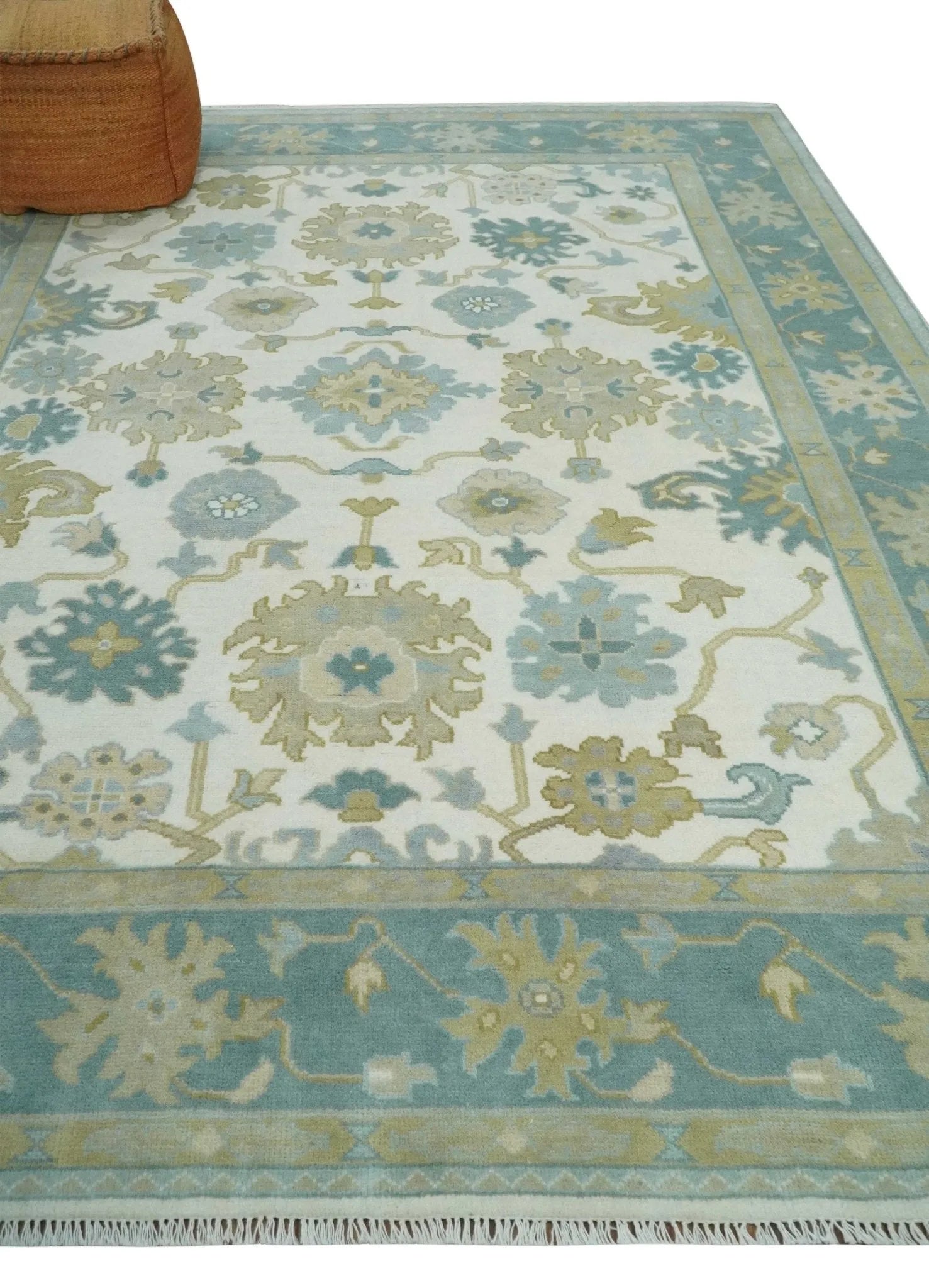 8x10 Ivory, Blue and Beige Floral Oushak Hand Knotted Wool Area Rug | TRDCP1538810S