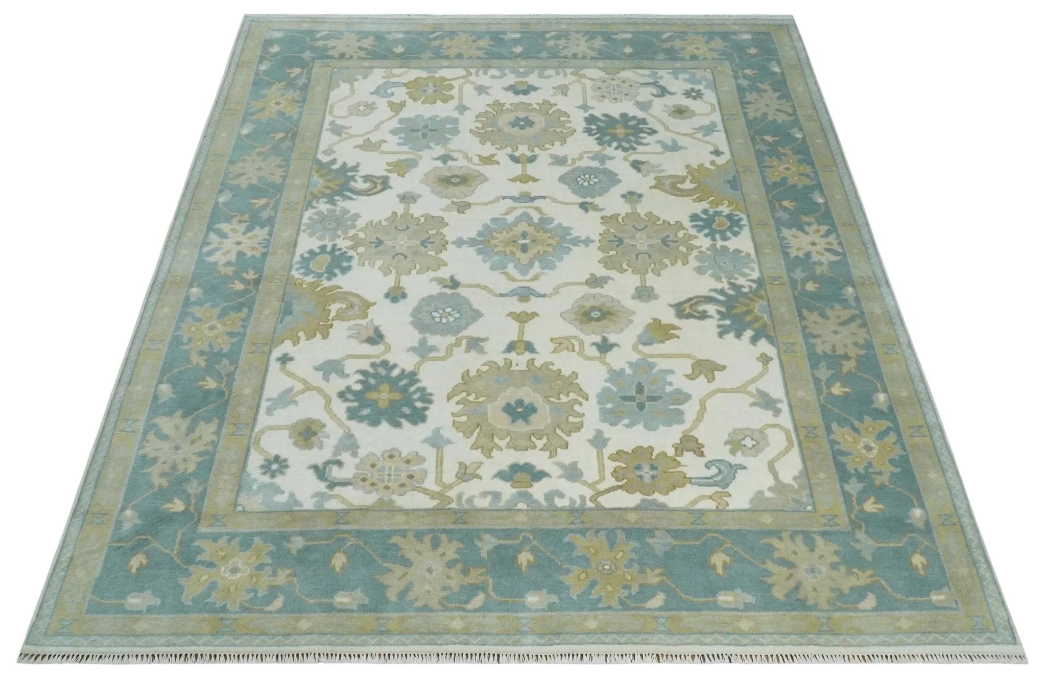 8x10 Ivory, Blue and Beige Floral Oushak Hand Knotted Wool Area Rug | TRDCP1538810S