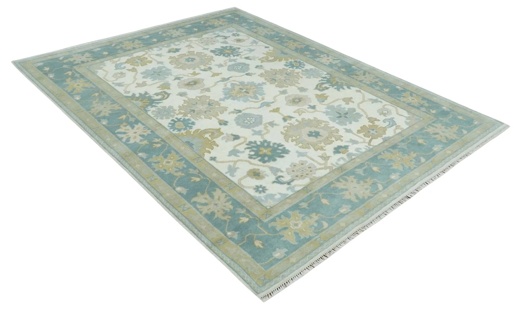 8x10 Ivory, Blue and Beige Floral Oushak Hand Knotted Wool Area Rug | TRDCP1538810S