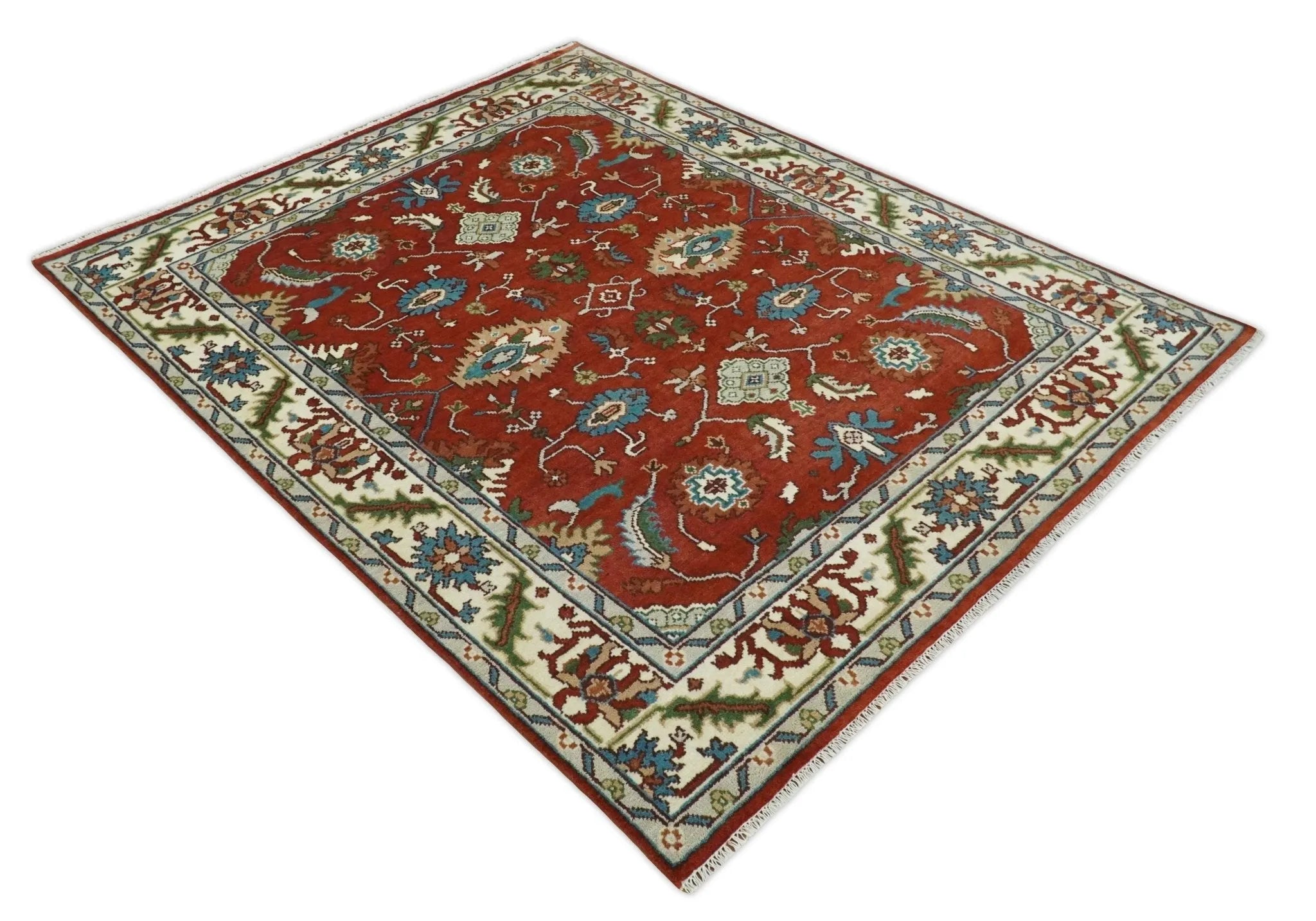 8x10 Brown, Ivory and Teal Hand Knotted Traditional Antique Turkish Wool Rug | TRDCP387810