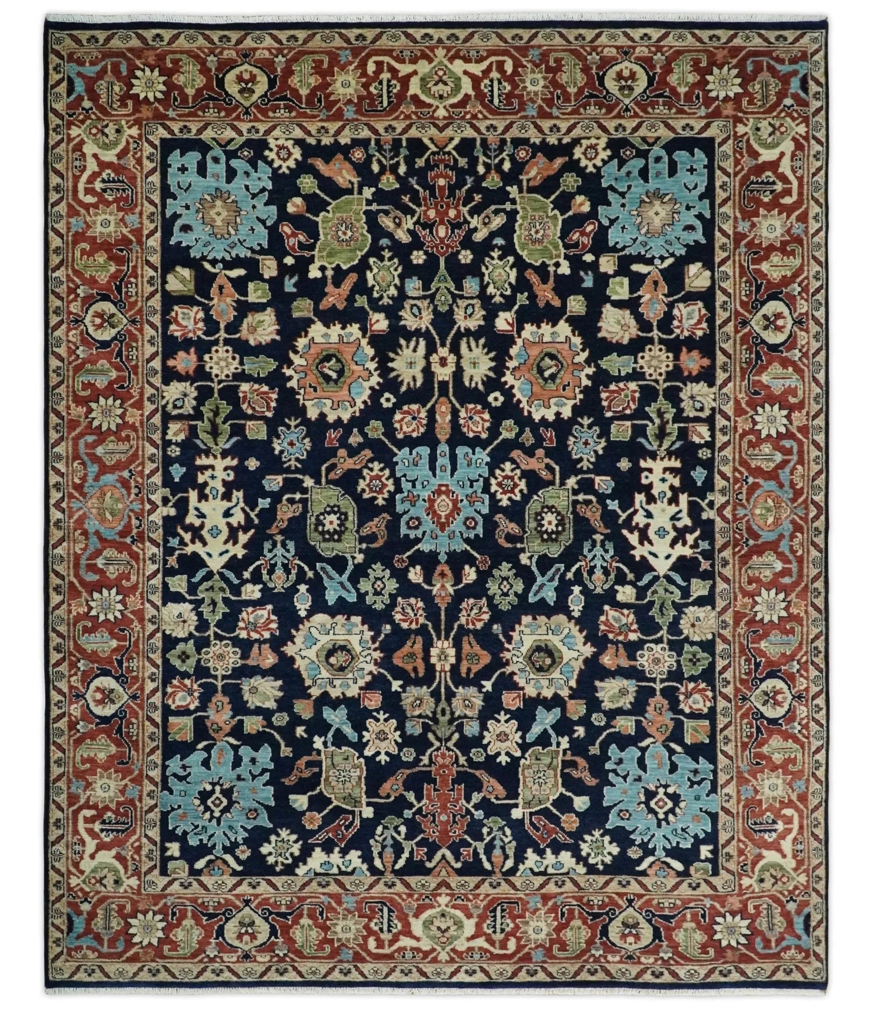 8x10 Rust and Blue Hand Knotted Traditional Antique Turkish Vintage Wool Rug | TRDCP540810