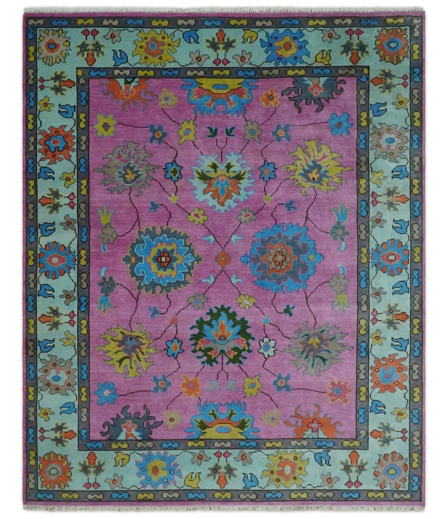 8x10 Wool Traditional Persian Pink, Gray and Blue Vibrant Colorful Hand knotted Oushak Area Rug | TRDCP844810