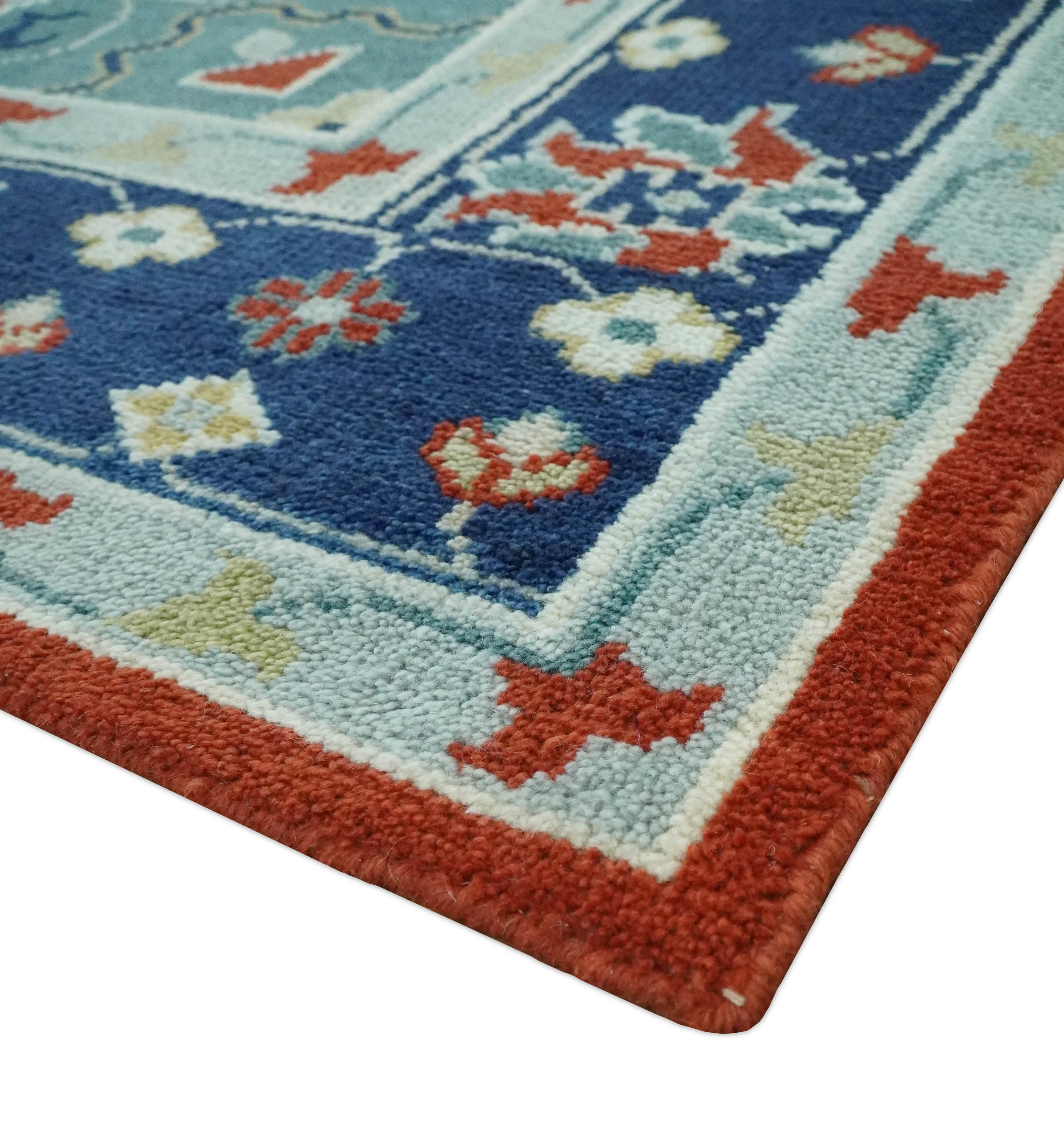 Custom Made Rust, Blue and Silver hand knotted Traditional Heriz wool area rug